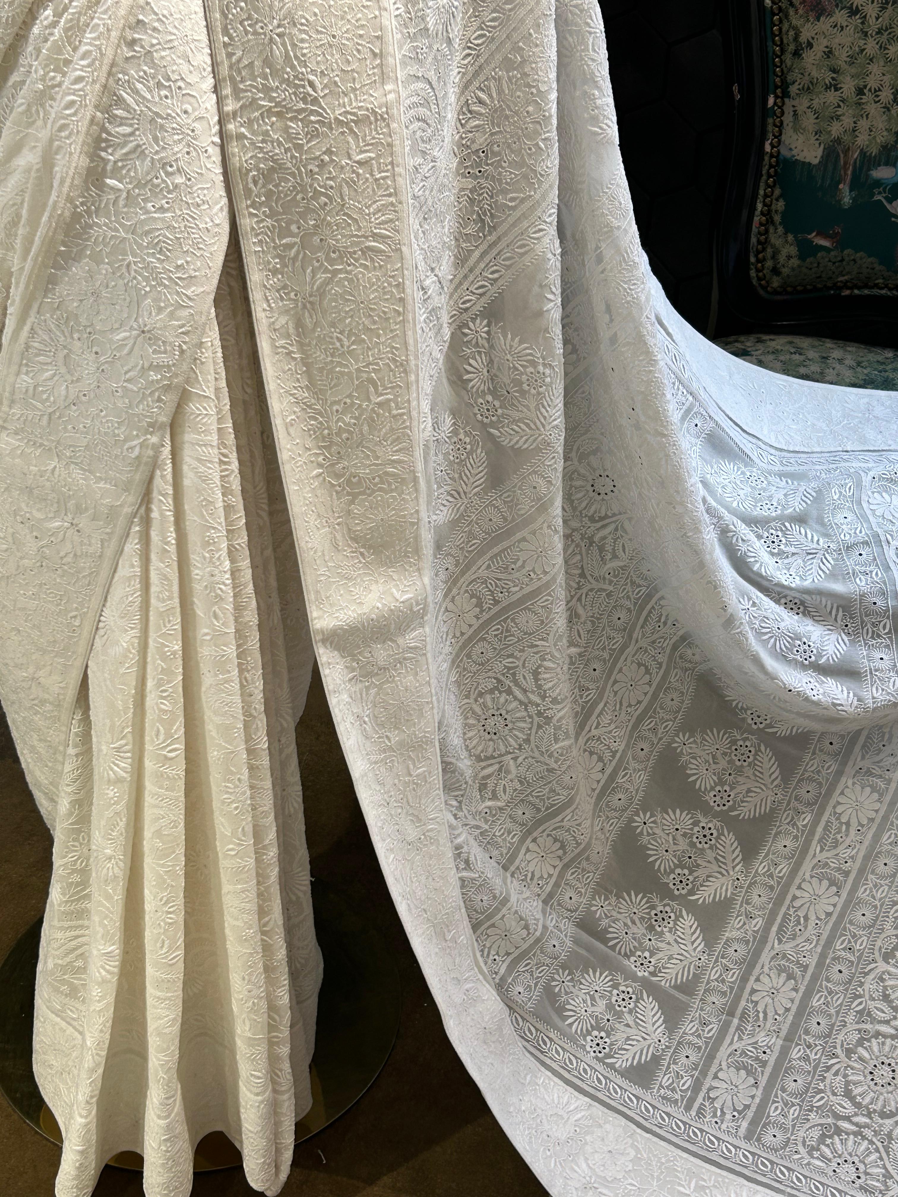 White Georgette chikankari Saree
