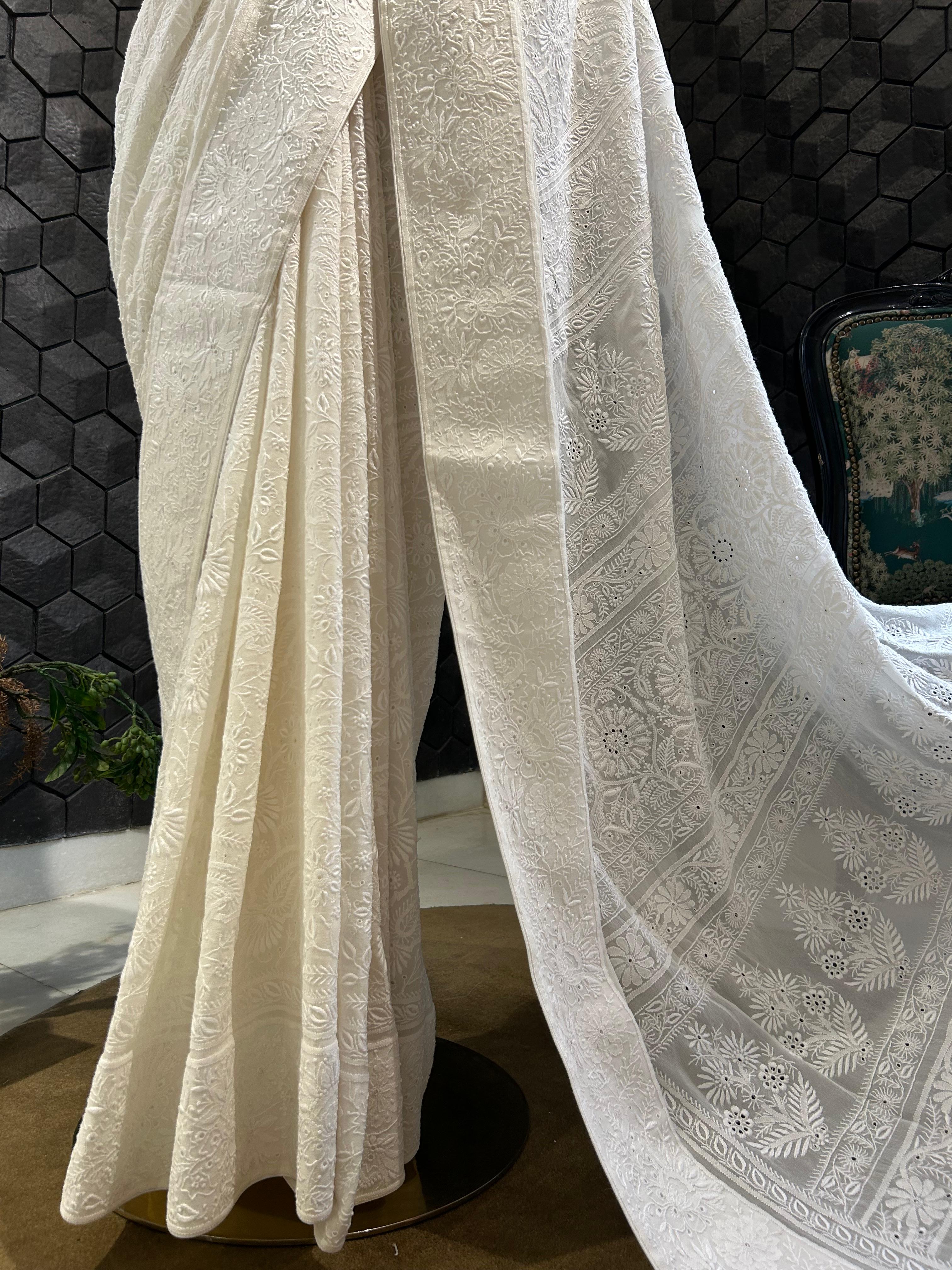 White Georgette chikankari Saree