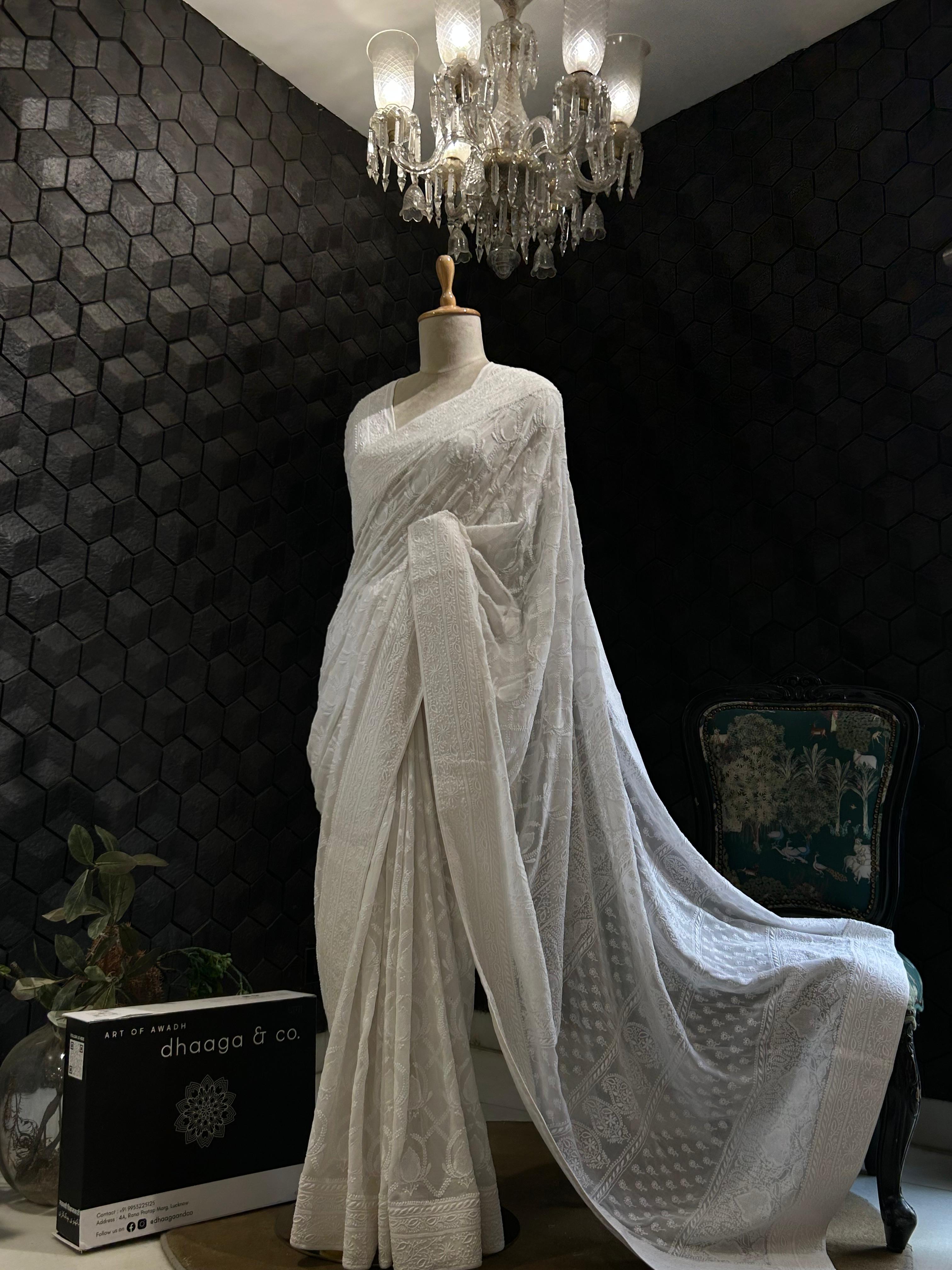 White organza chikankari saree