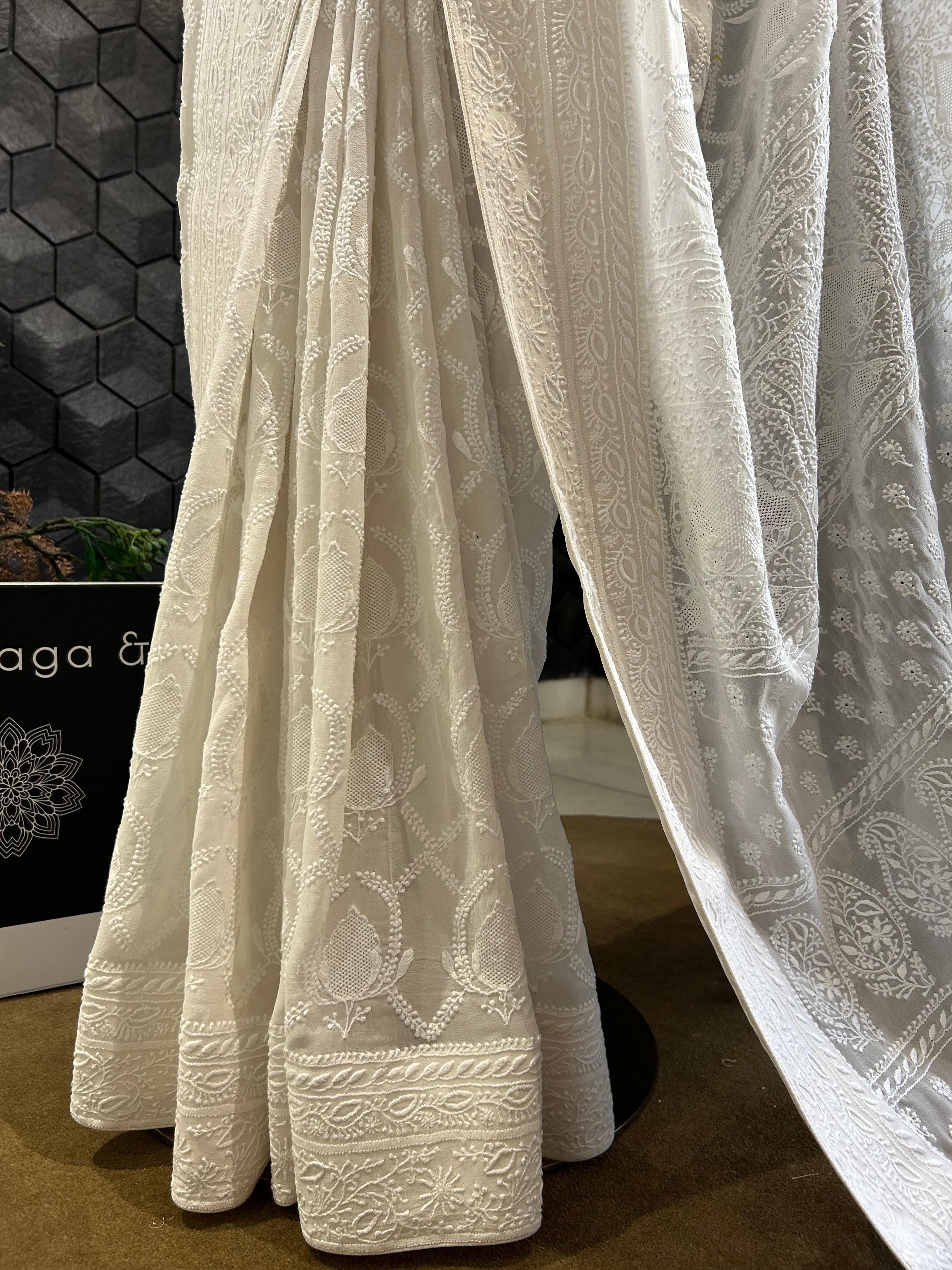 White organza chikankari saree