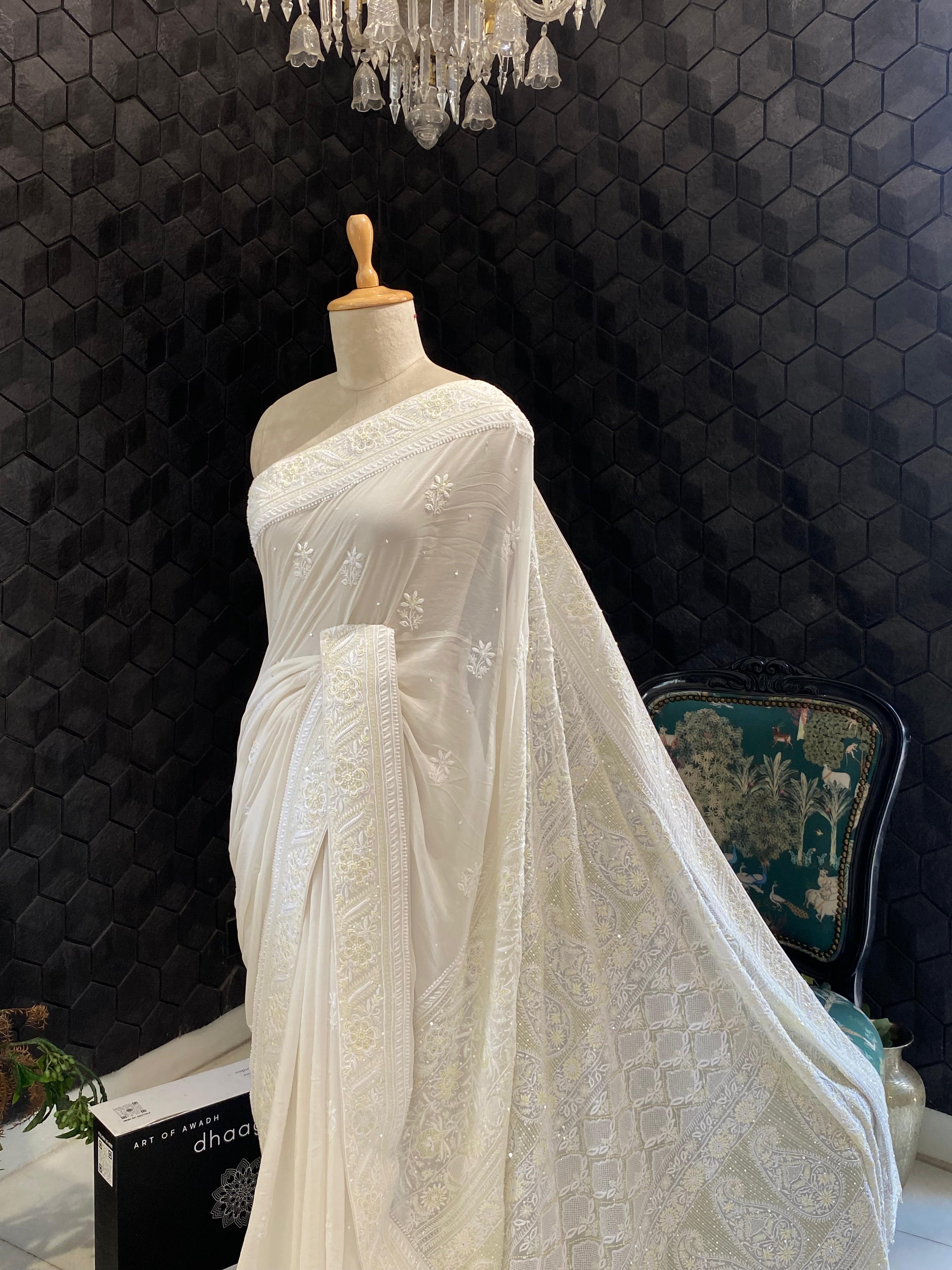 White Georgette chikankari saree