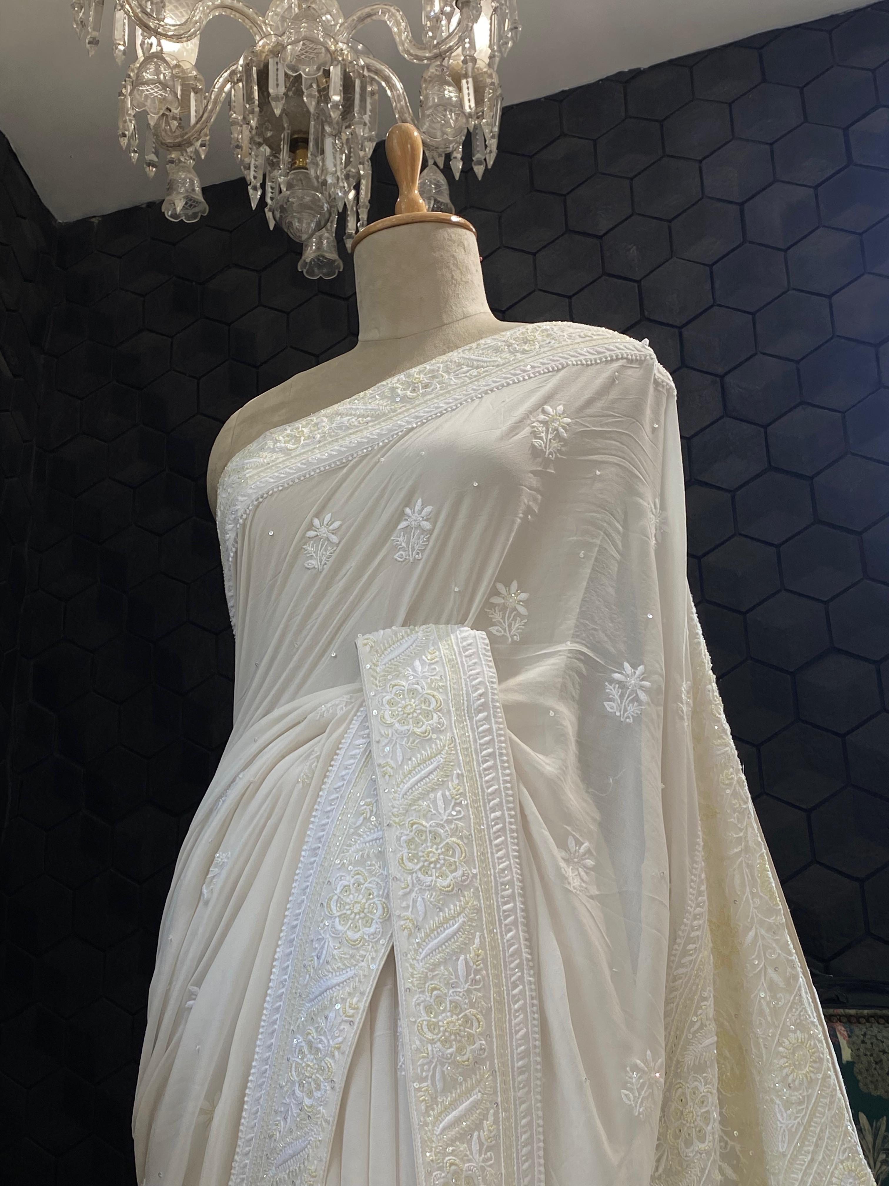 White Georgette chikankari saree