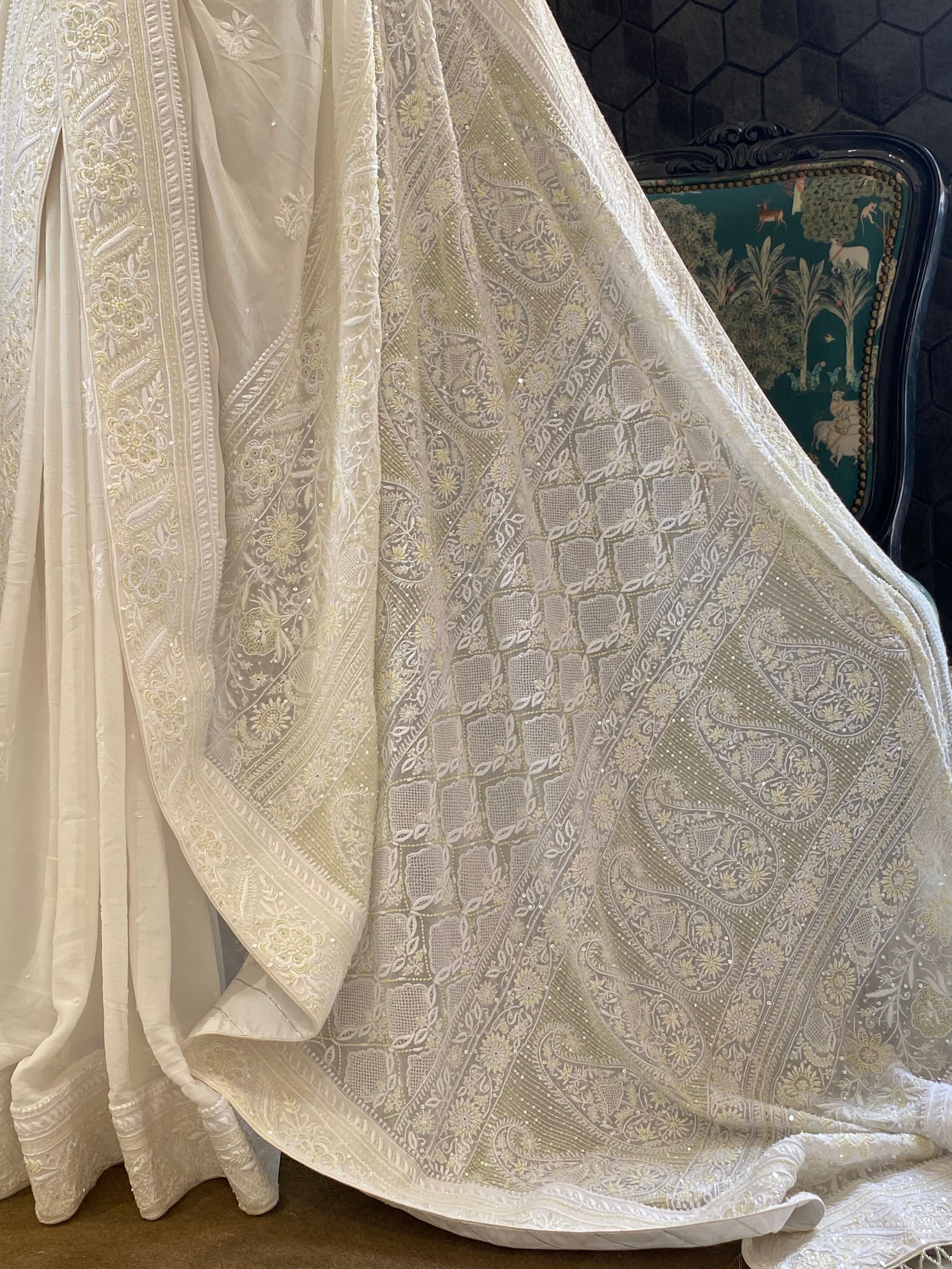 White Georgette chikankari saree