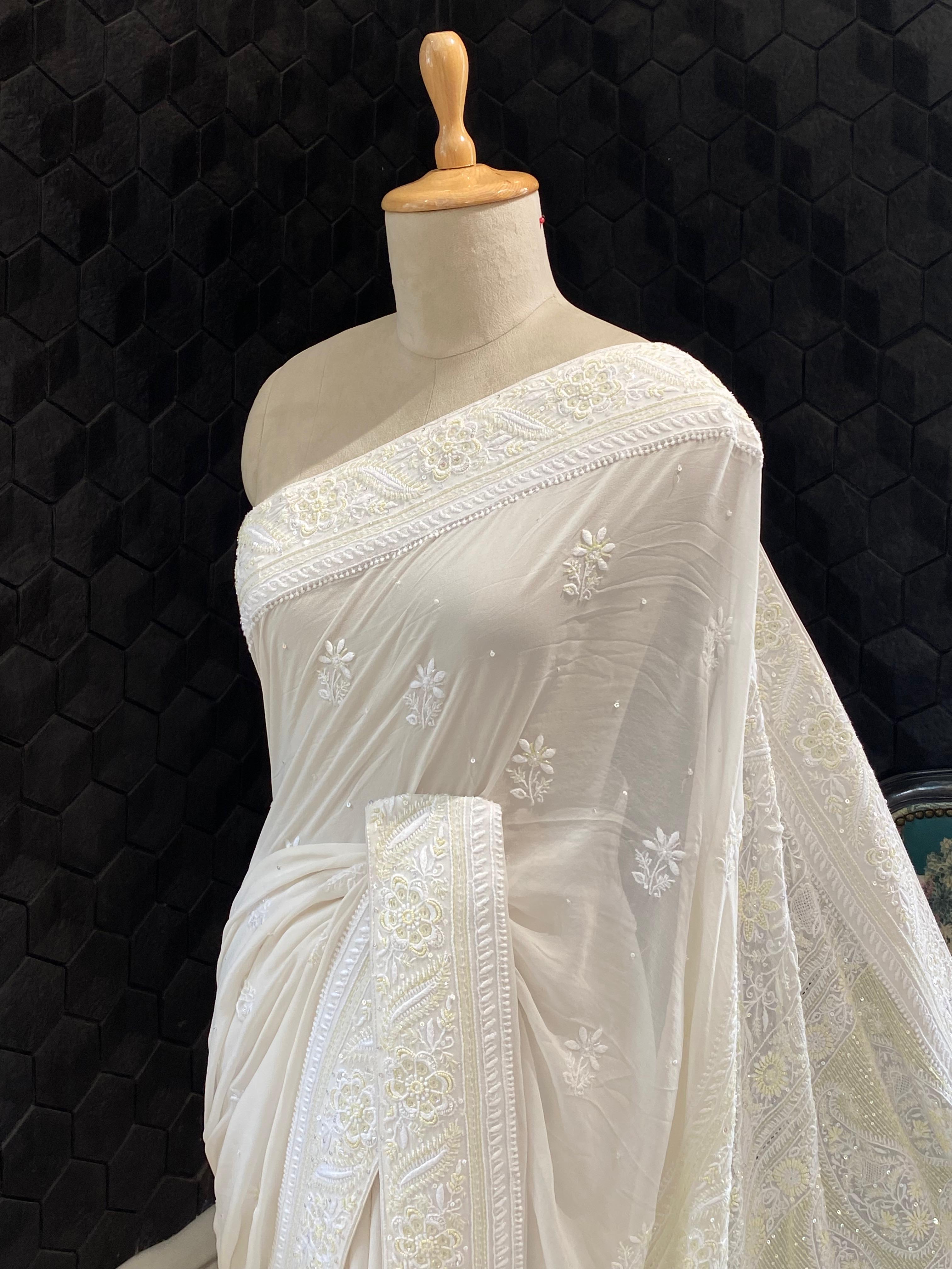White Georgette chikankari saree