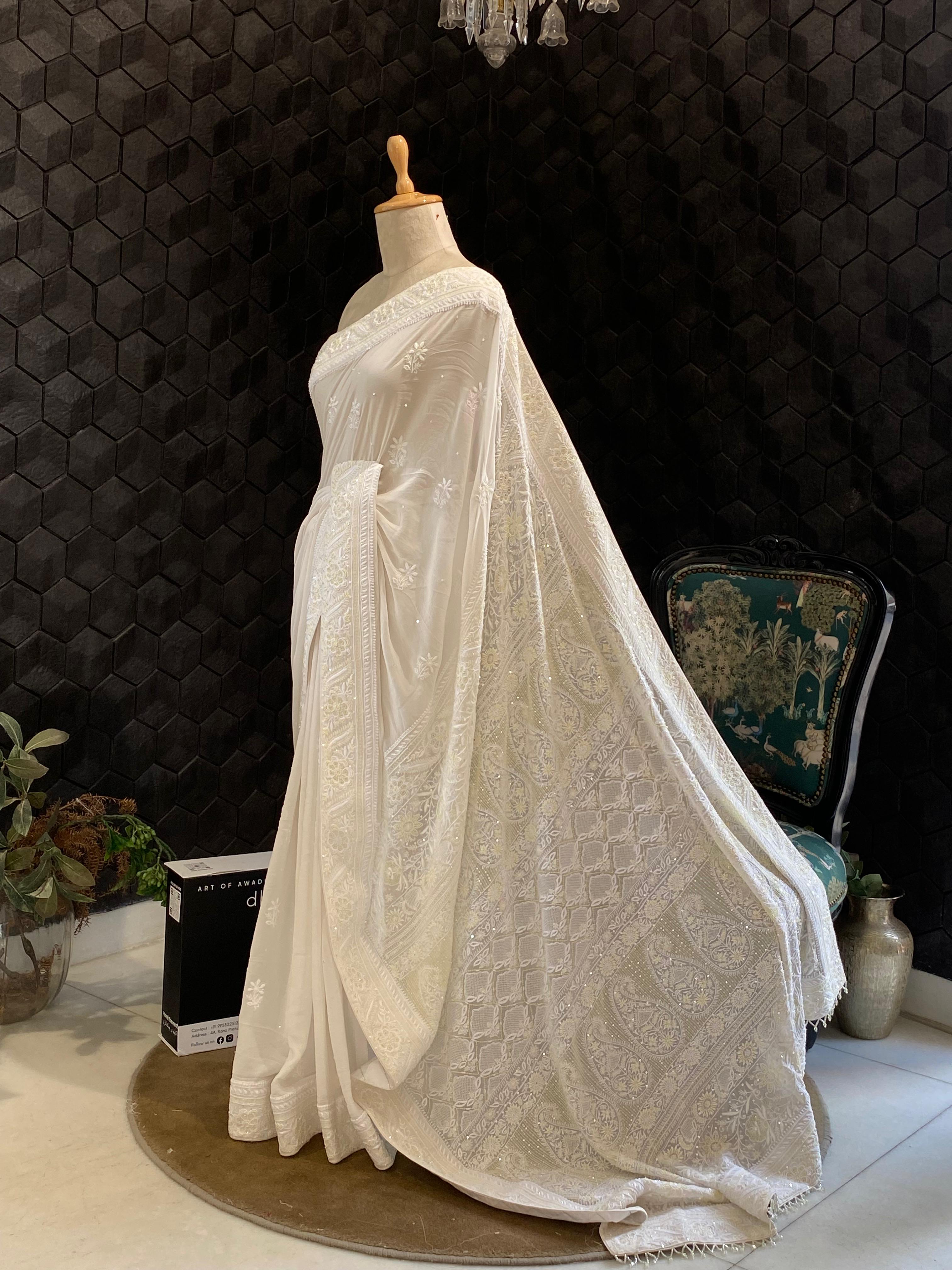 White Georgette chikankari saree