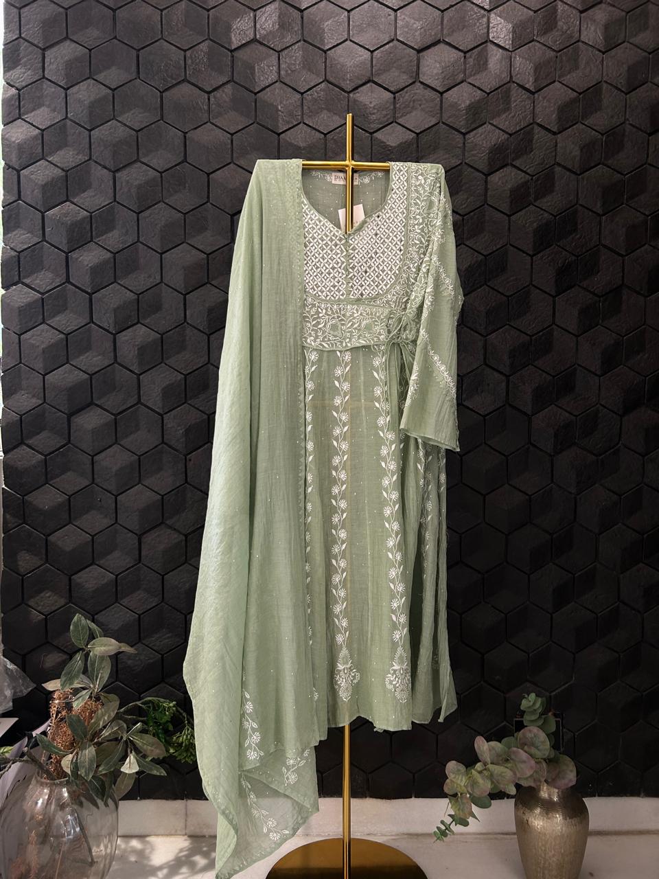 Green Silver Tissue Angarkha Chikankari Kurta Set