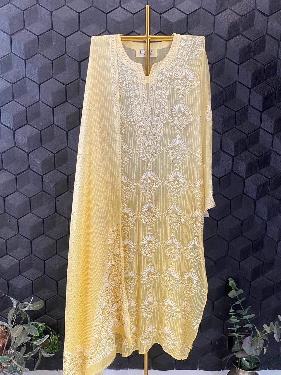 Yellow Mul Chanderi Chikankari Mukaish Kurta Set
