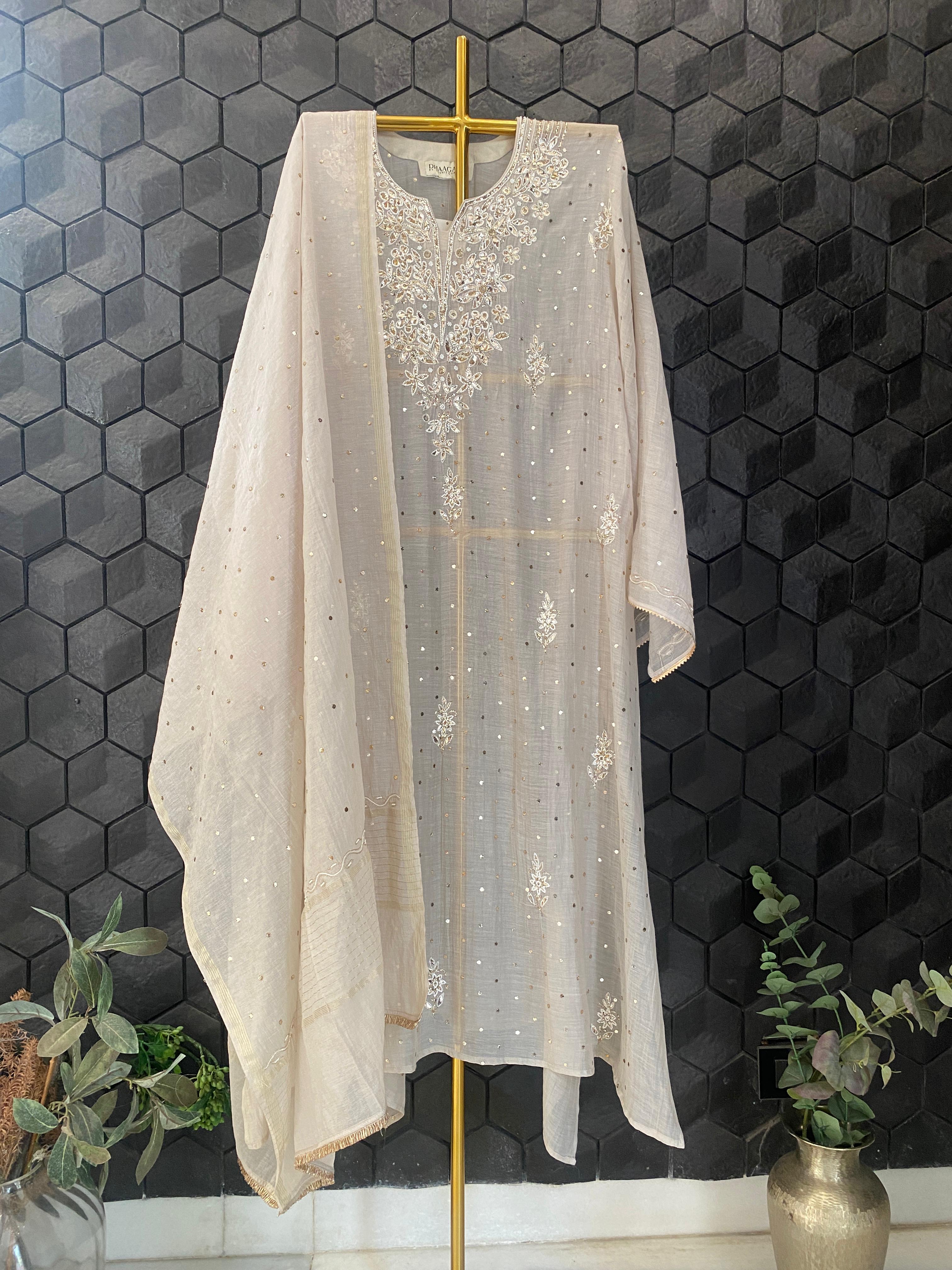 Beige Mul Chanderi Chikankari Mukaish Kurta Set