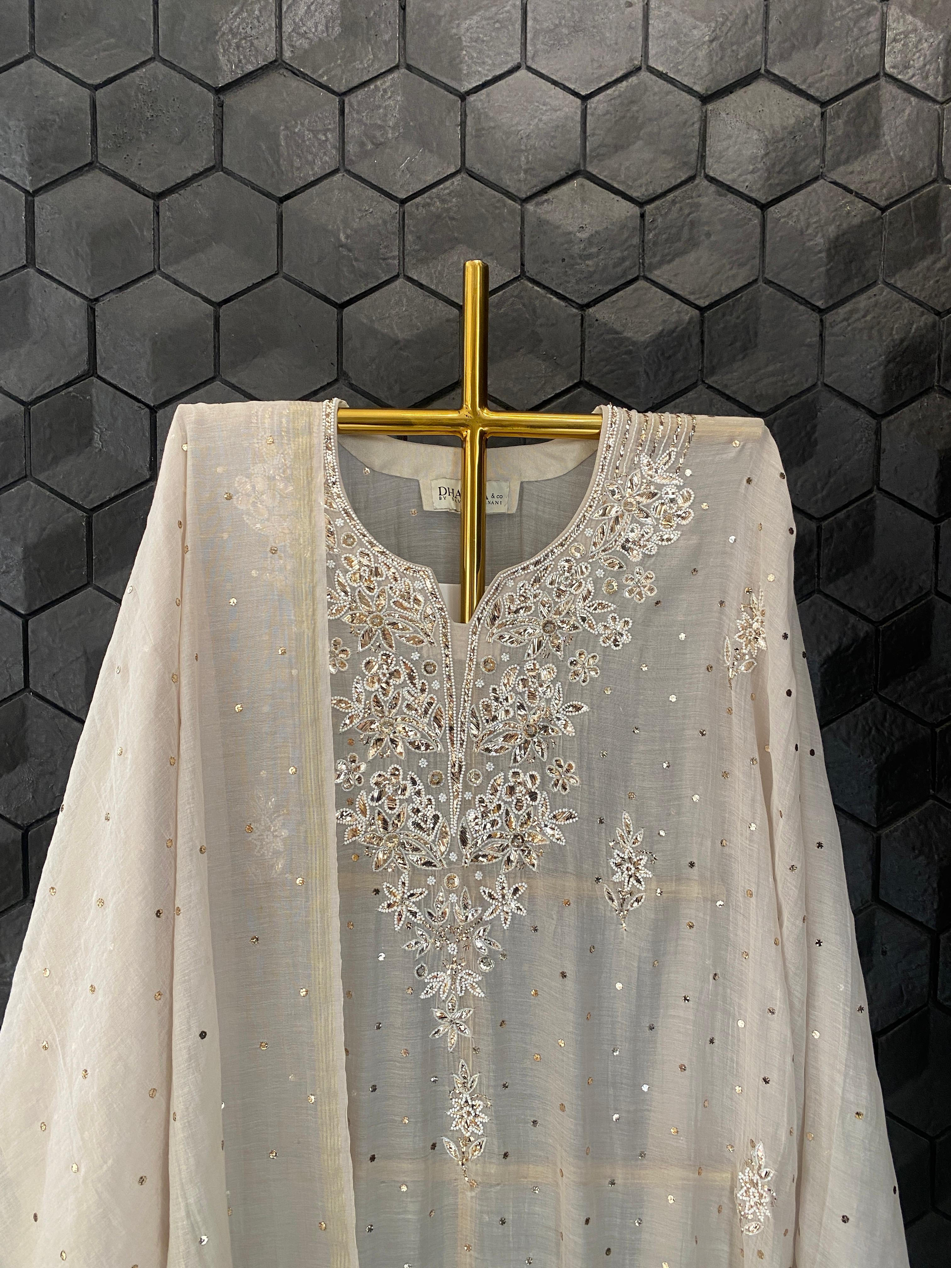 Beige Mul Chanderi Chikankari Mukaish Kurta Set