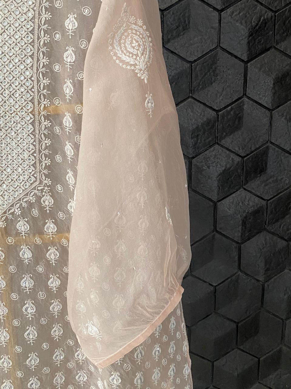 Peach organza chikankari co-ord set