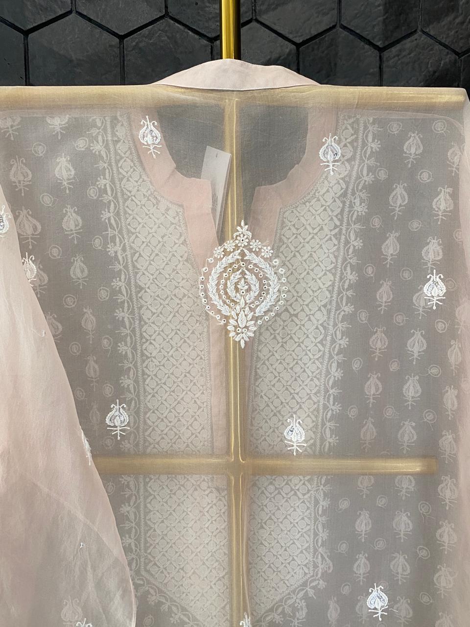 Peach organza chikankari co-ord set