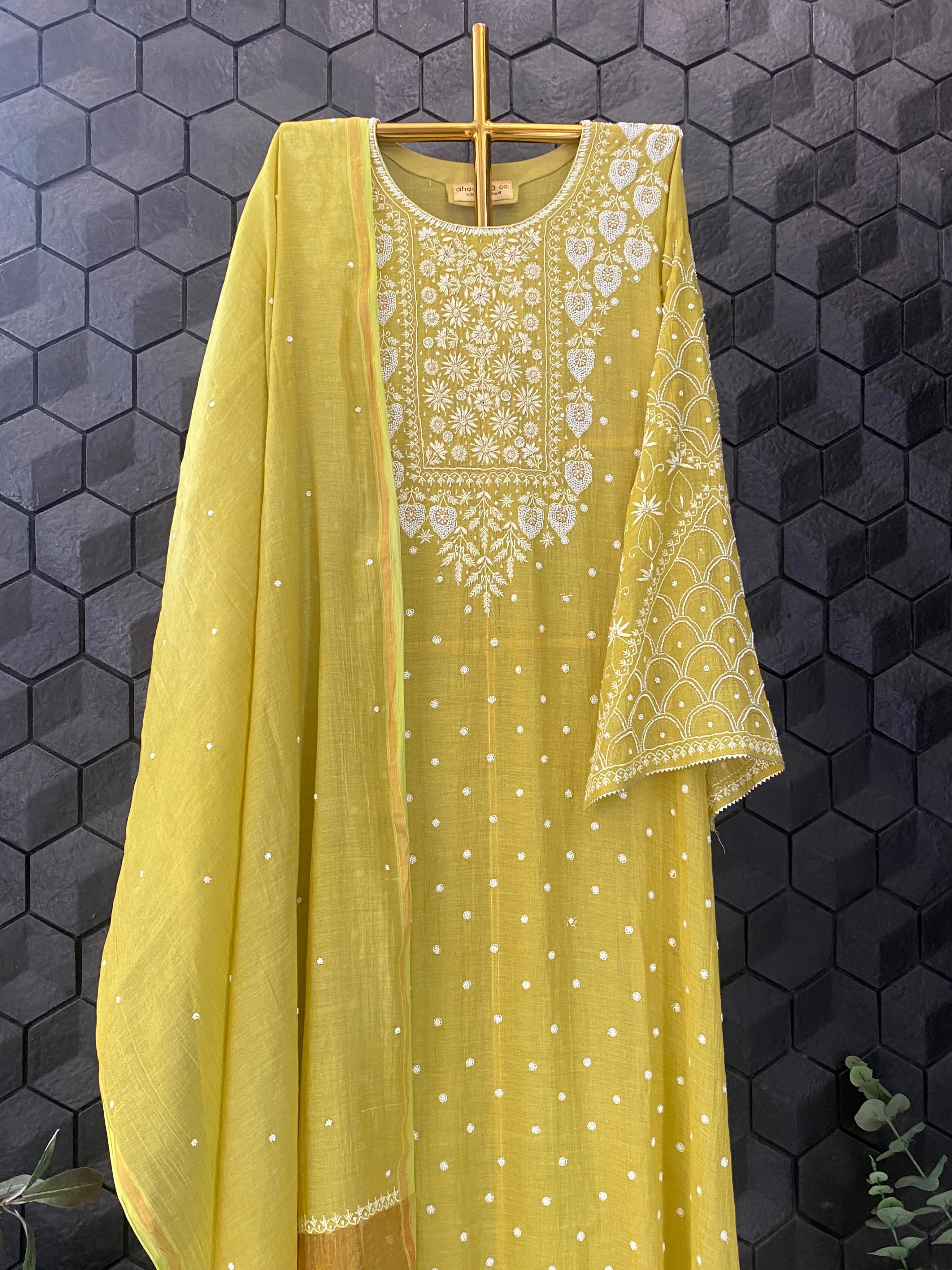 Green tissue chikankari kurta set