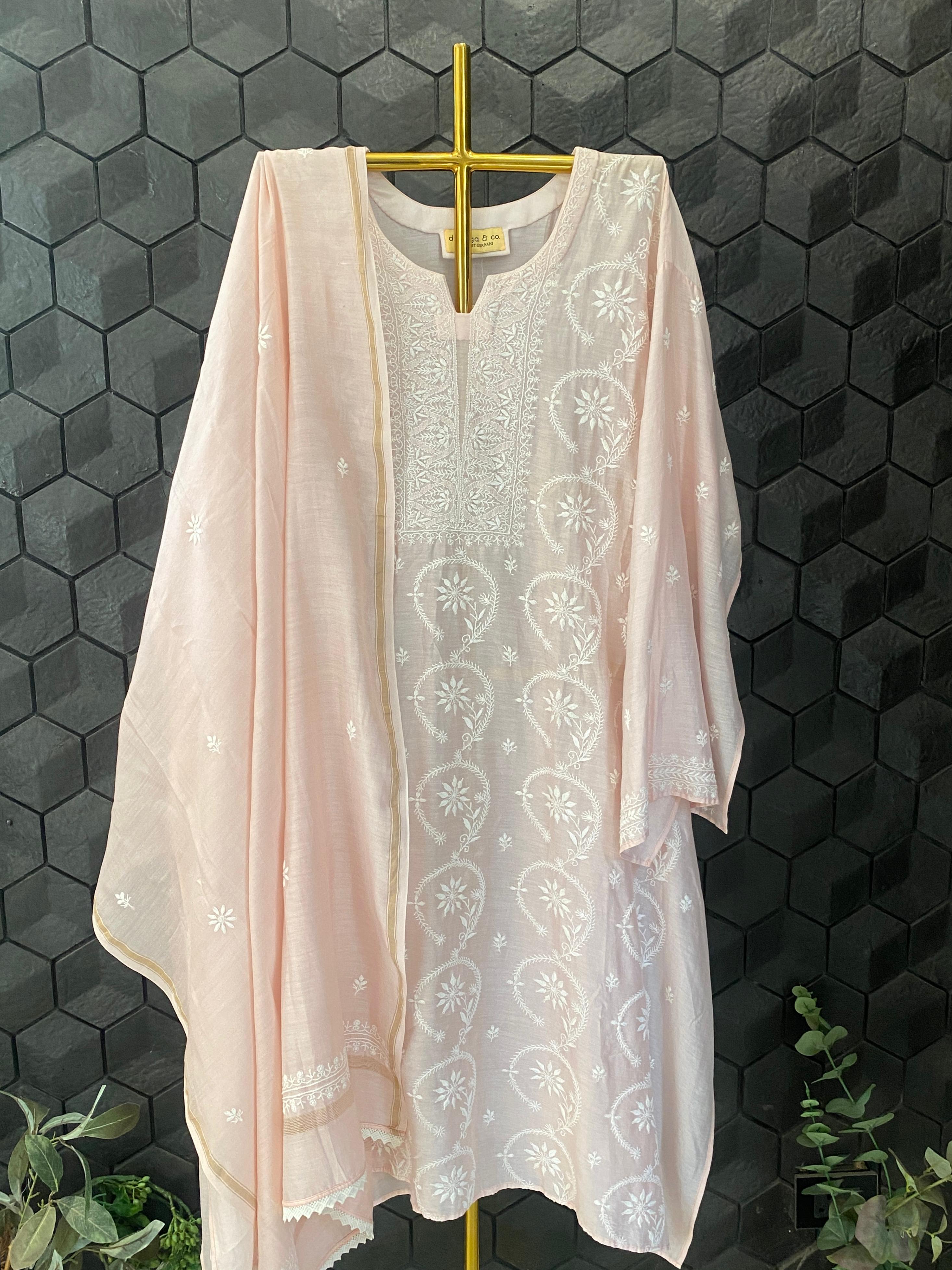 Pink Chanderi chikankari kurta set