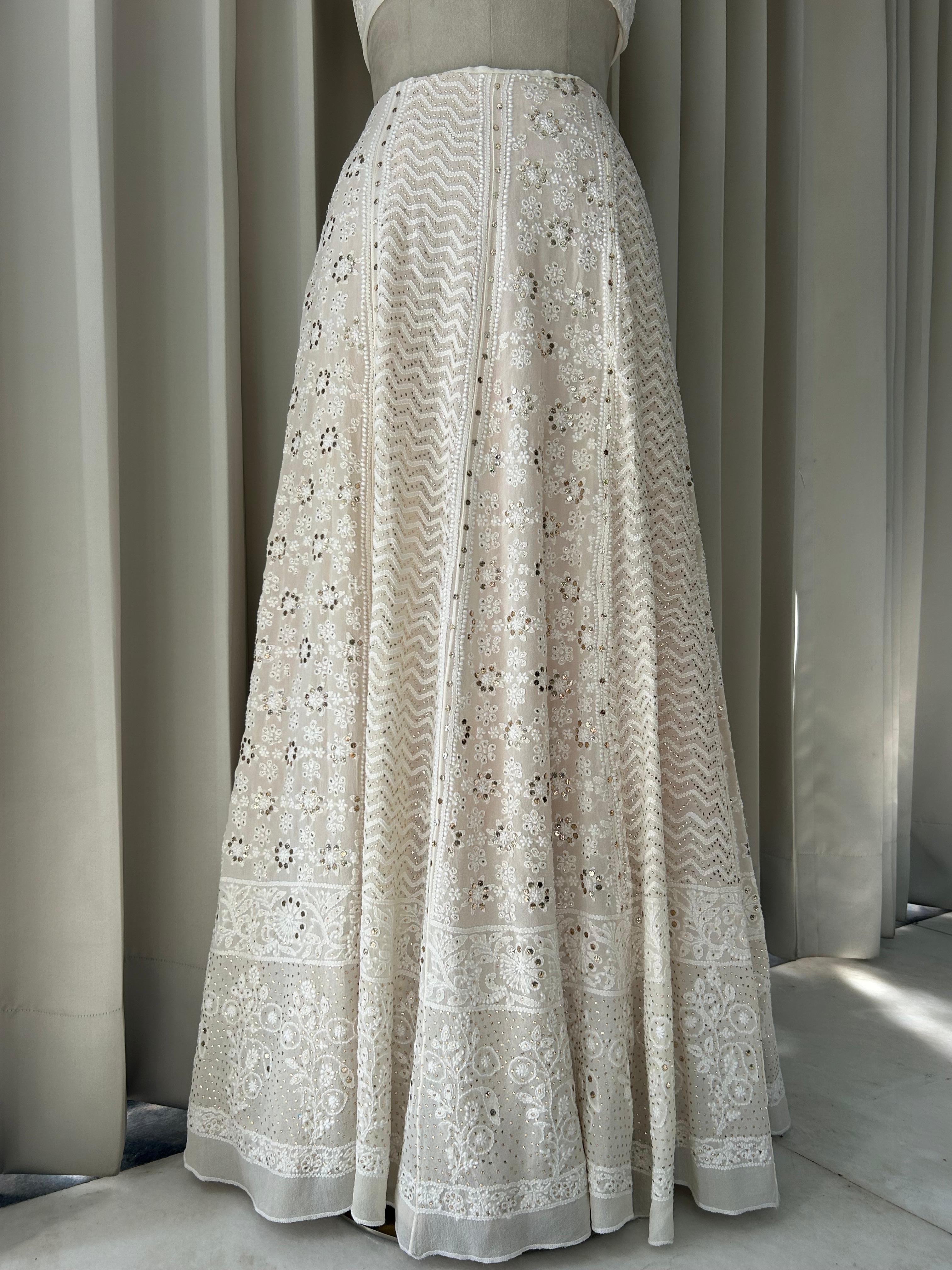 White georgette chikankari mukaish skirt