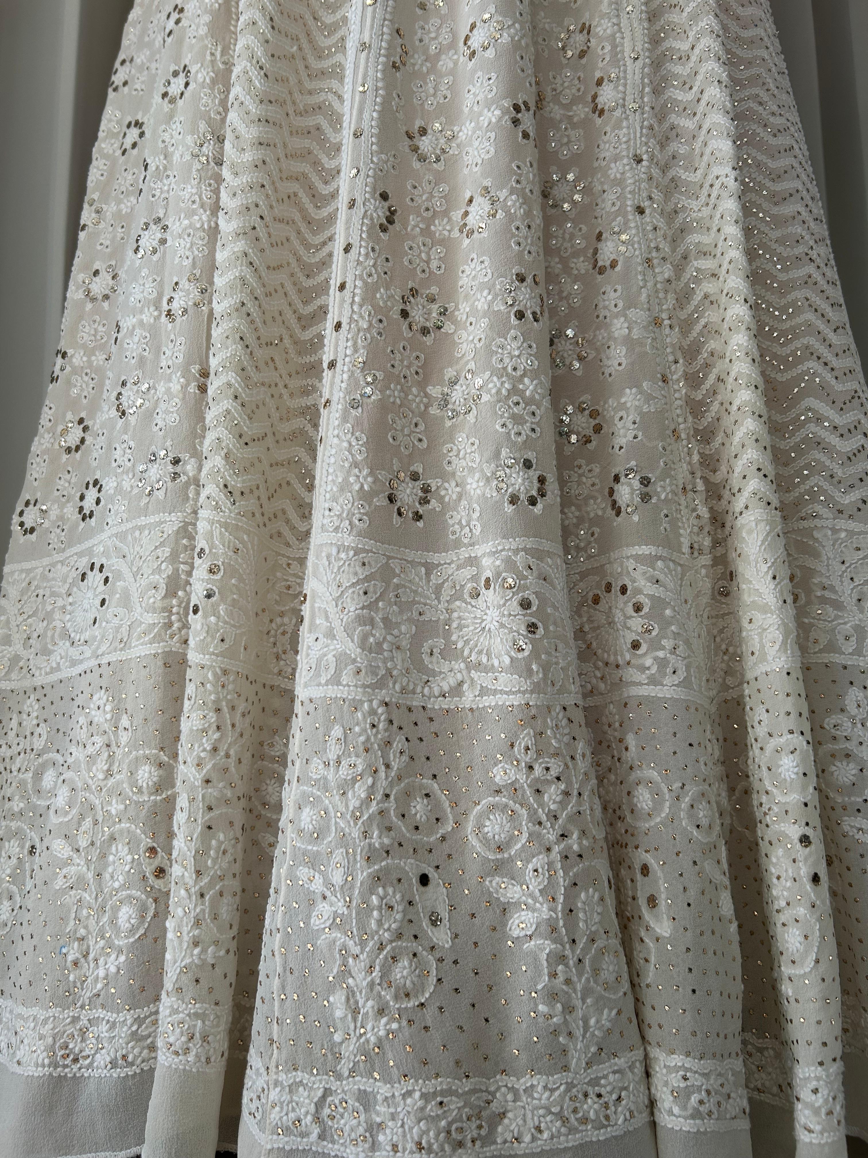 White georgette chikankari mukaish skirt