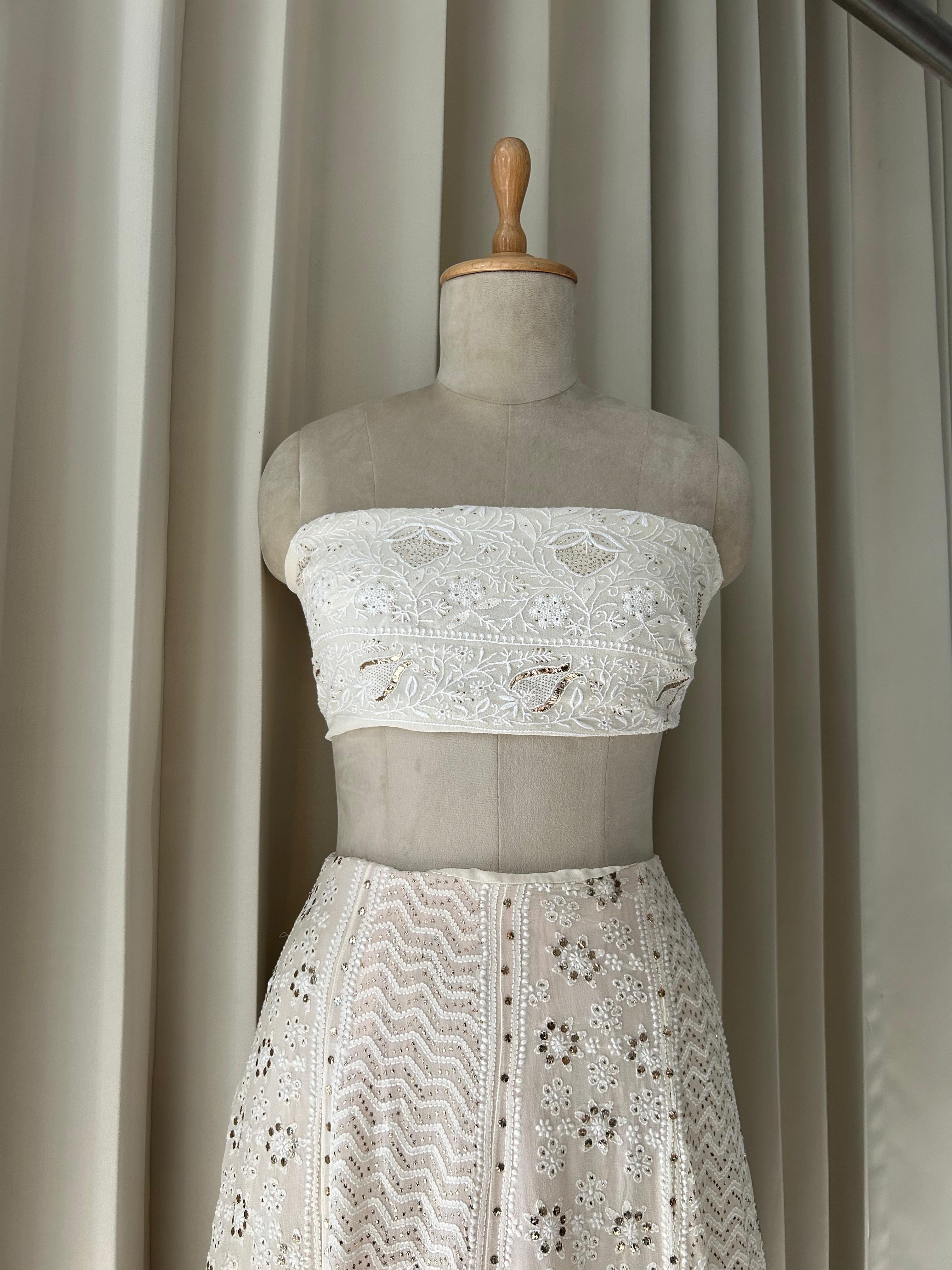 White georgette chikankari mukaish skirt