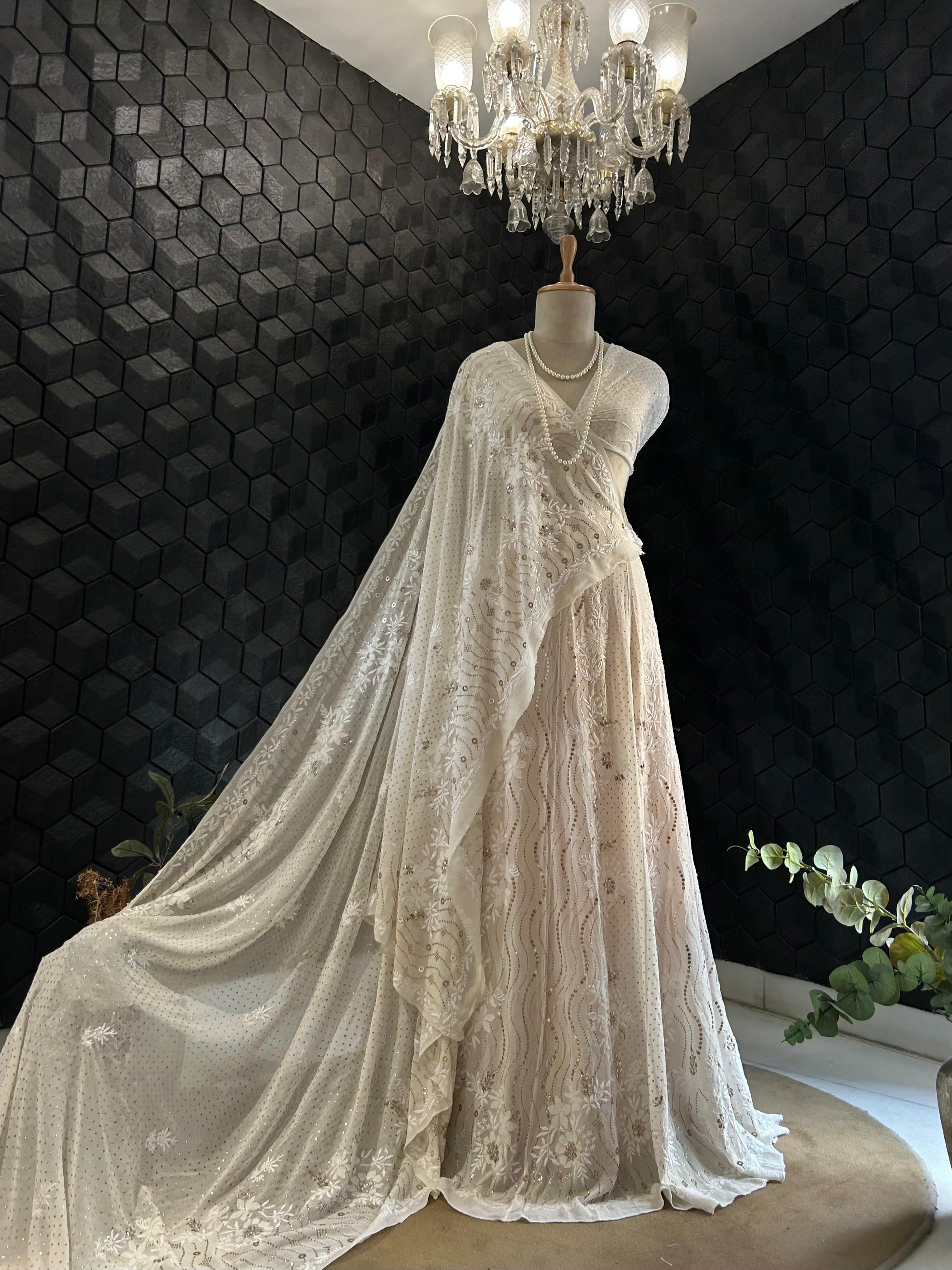White georgette chikankari mukaish lehenga set