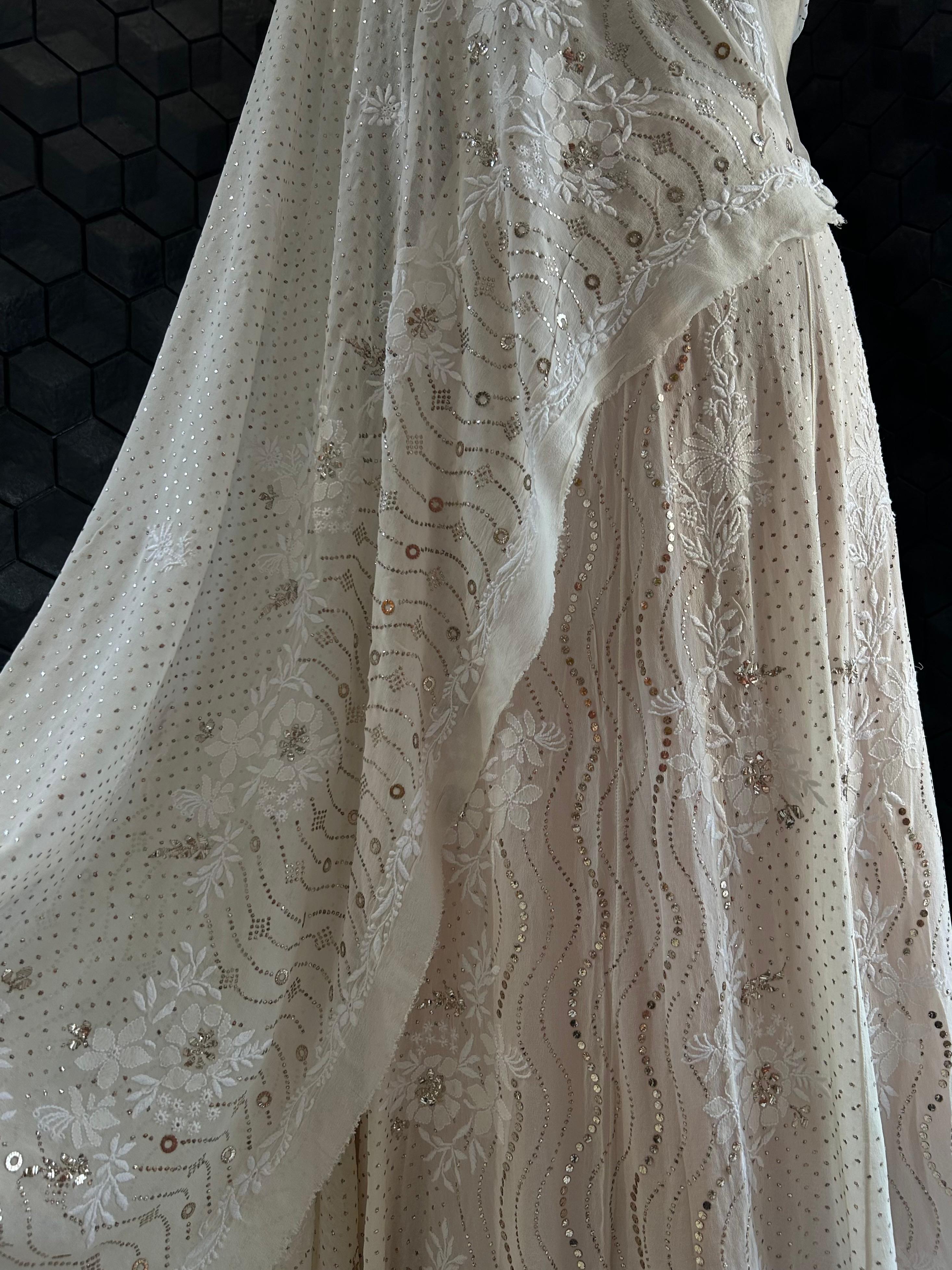 White georgette chikankari mukaish lehenga set