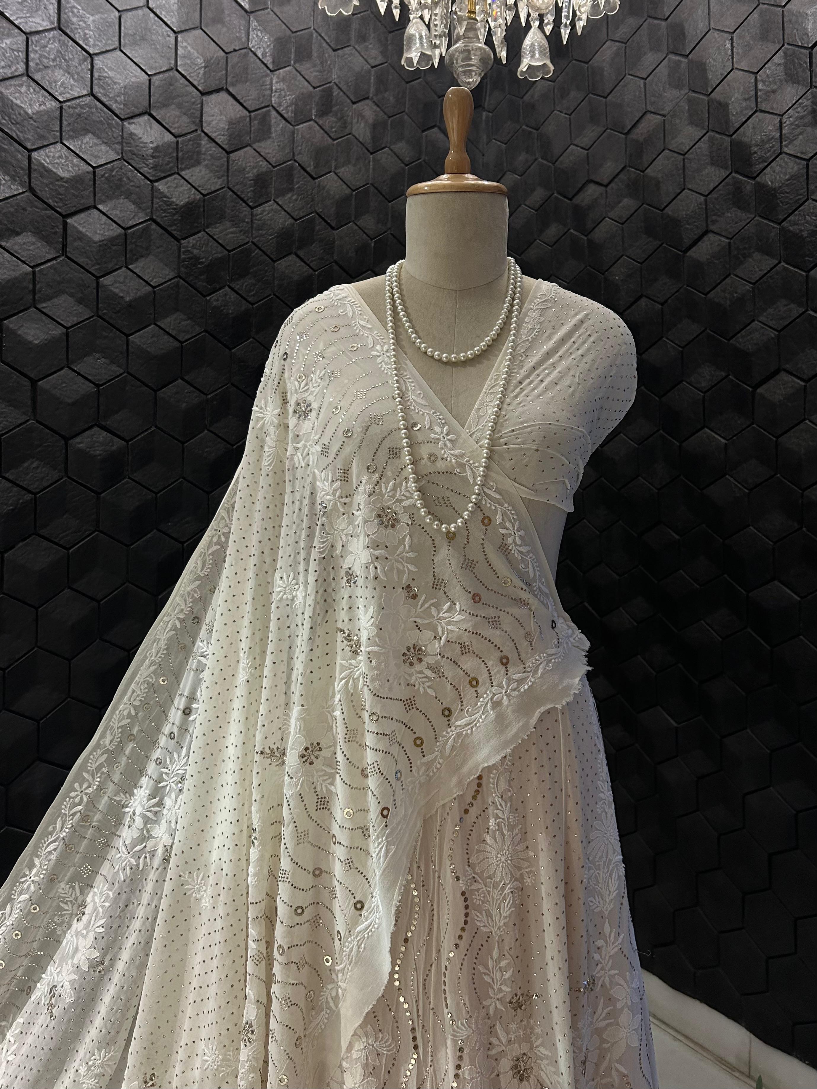 White georgette chikankari mukaish lehenga set