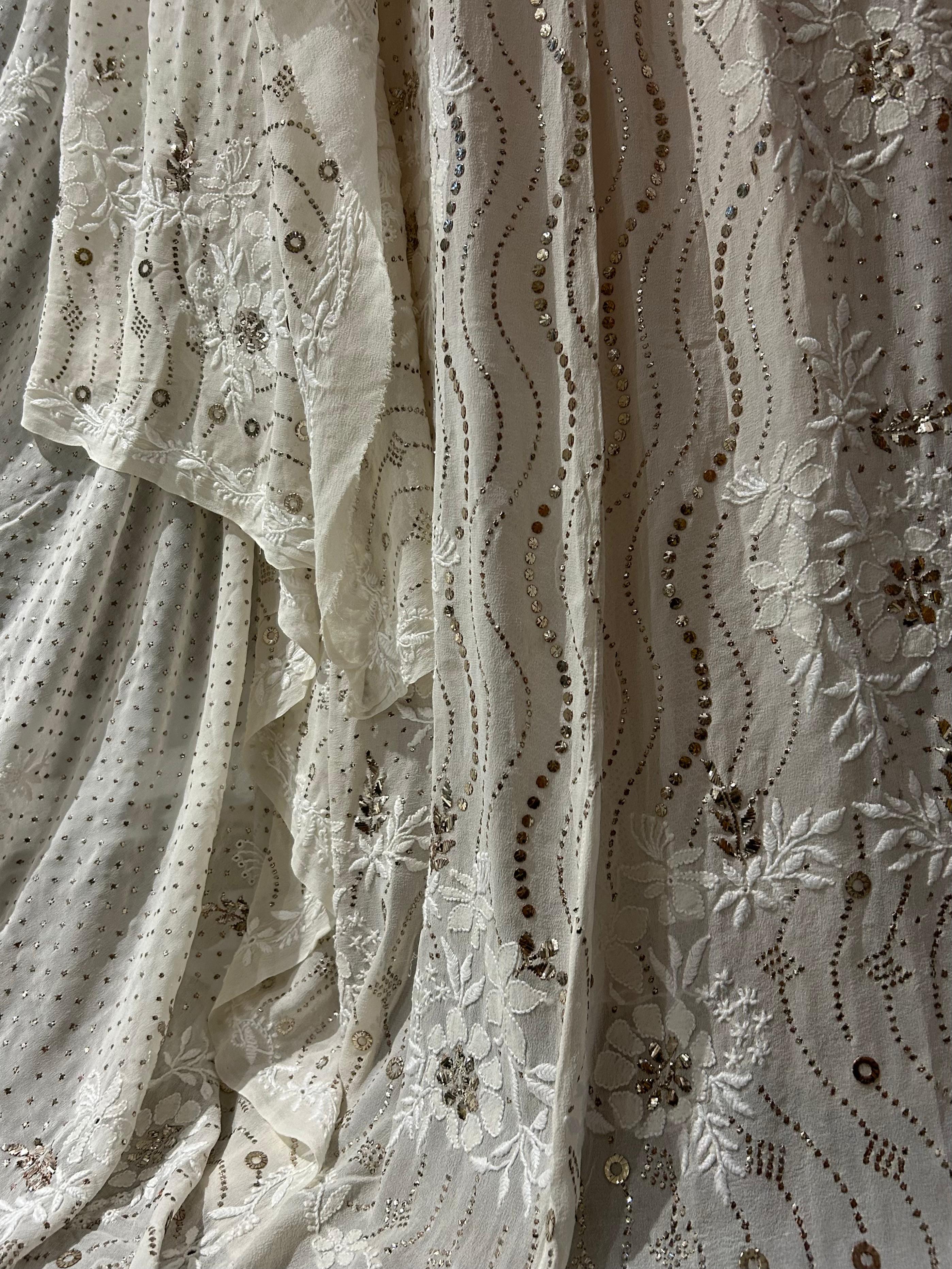 White georgette chikankari mukaish lehenga set