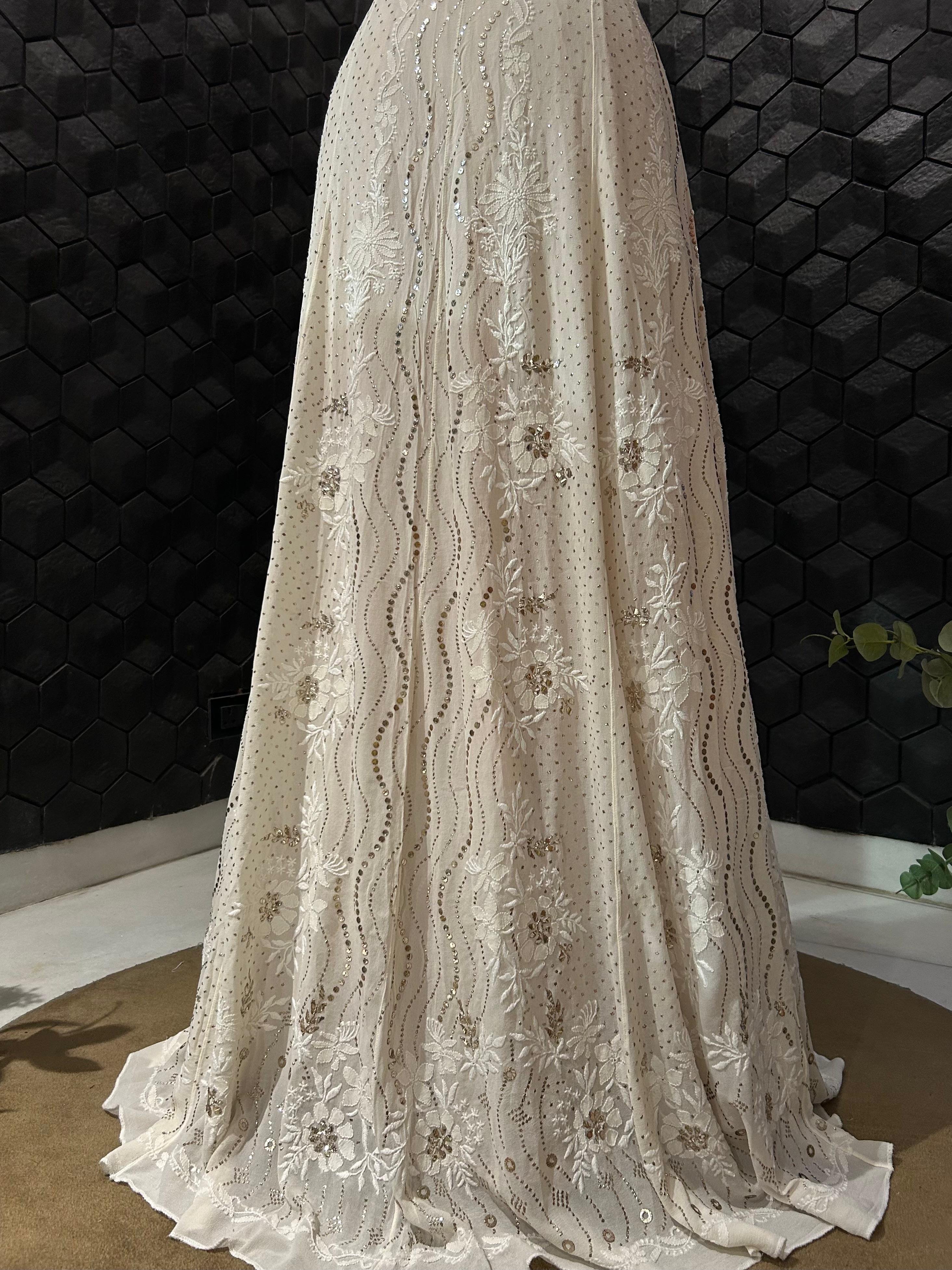 White georgette chikankari mukaish lehenga set