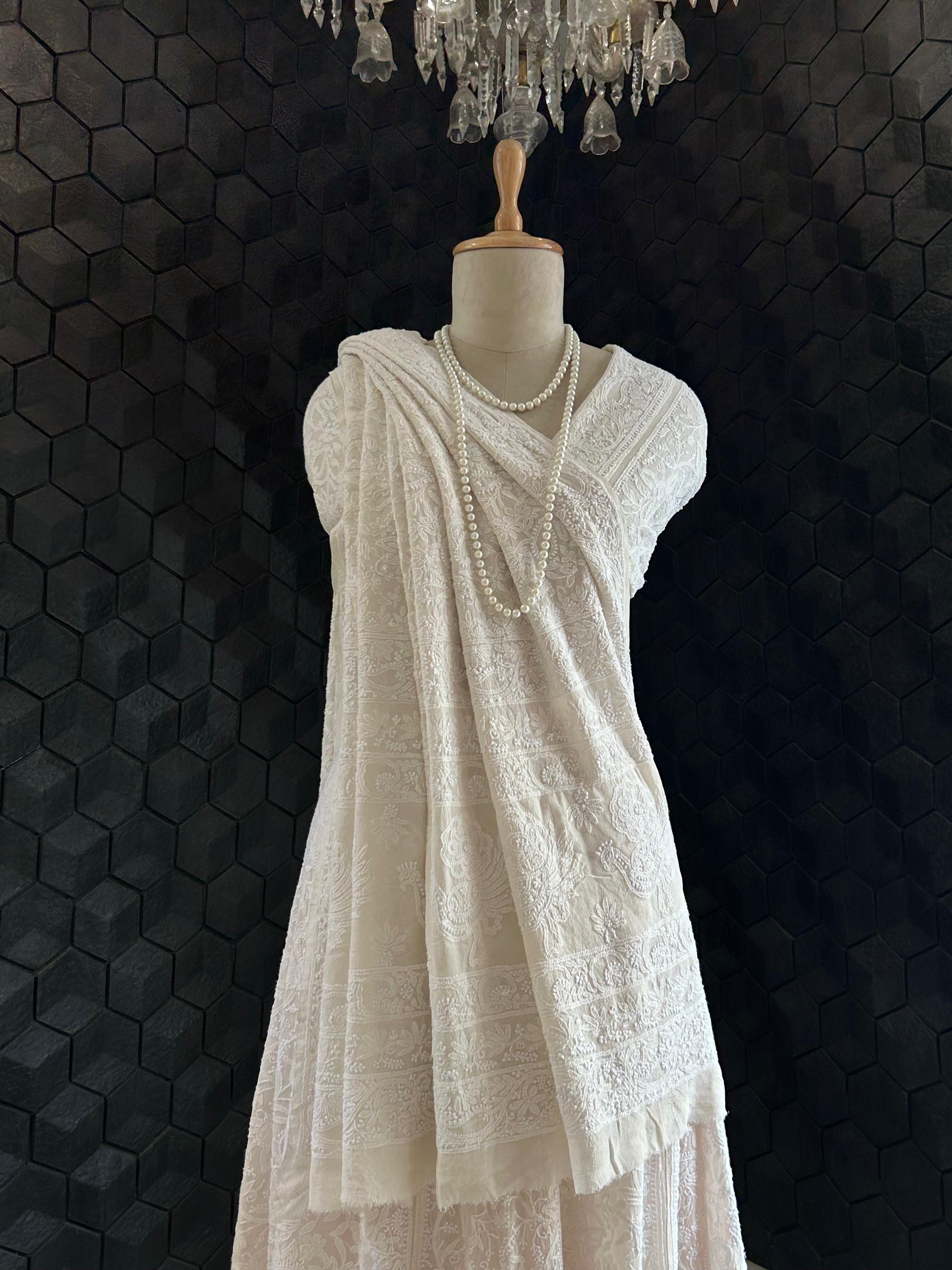 White Georgette ek-taar chikankari lehenga set