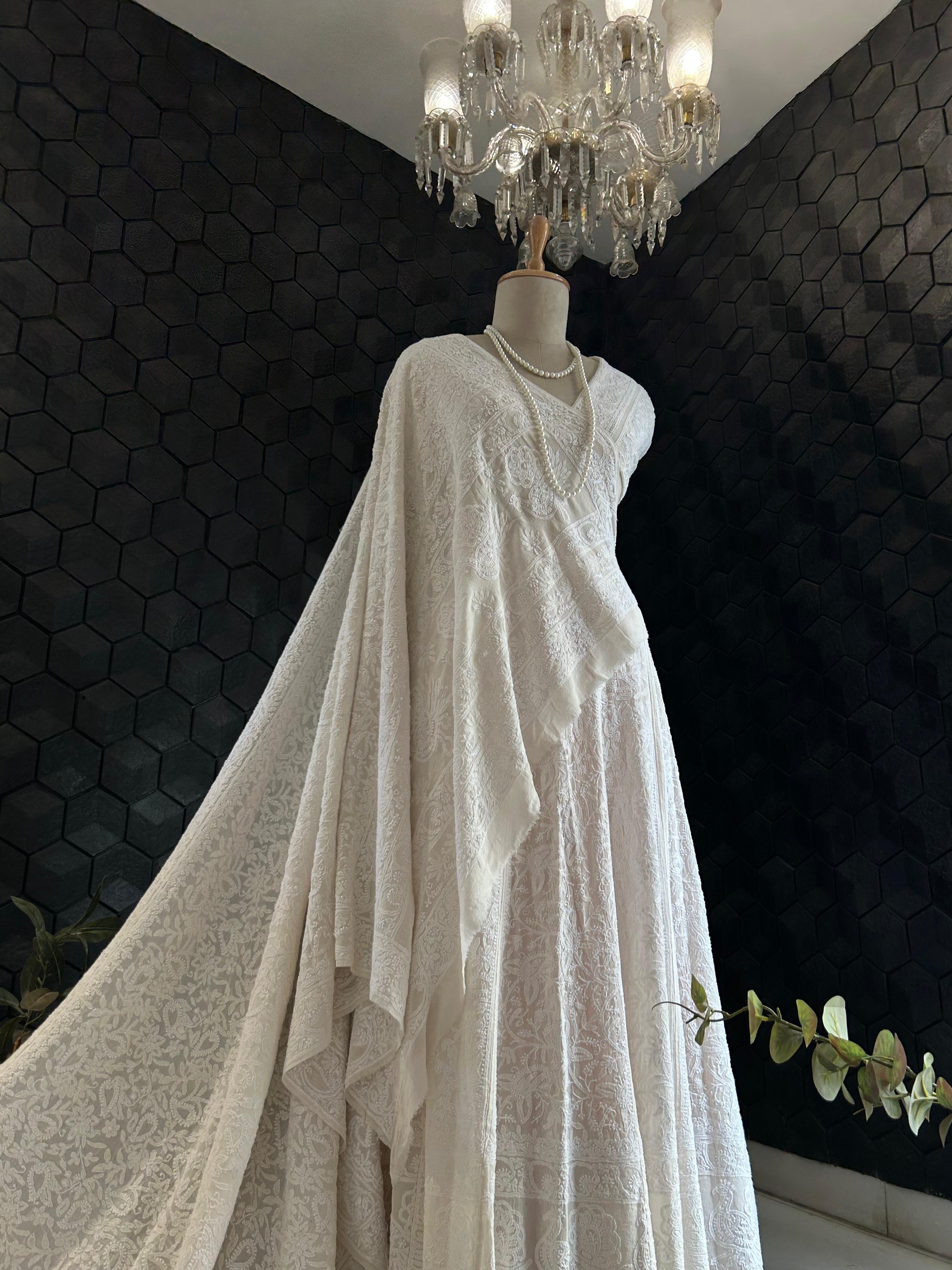 White Georgette ek-taar chikankari lehenga set