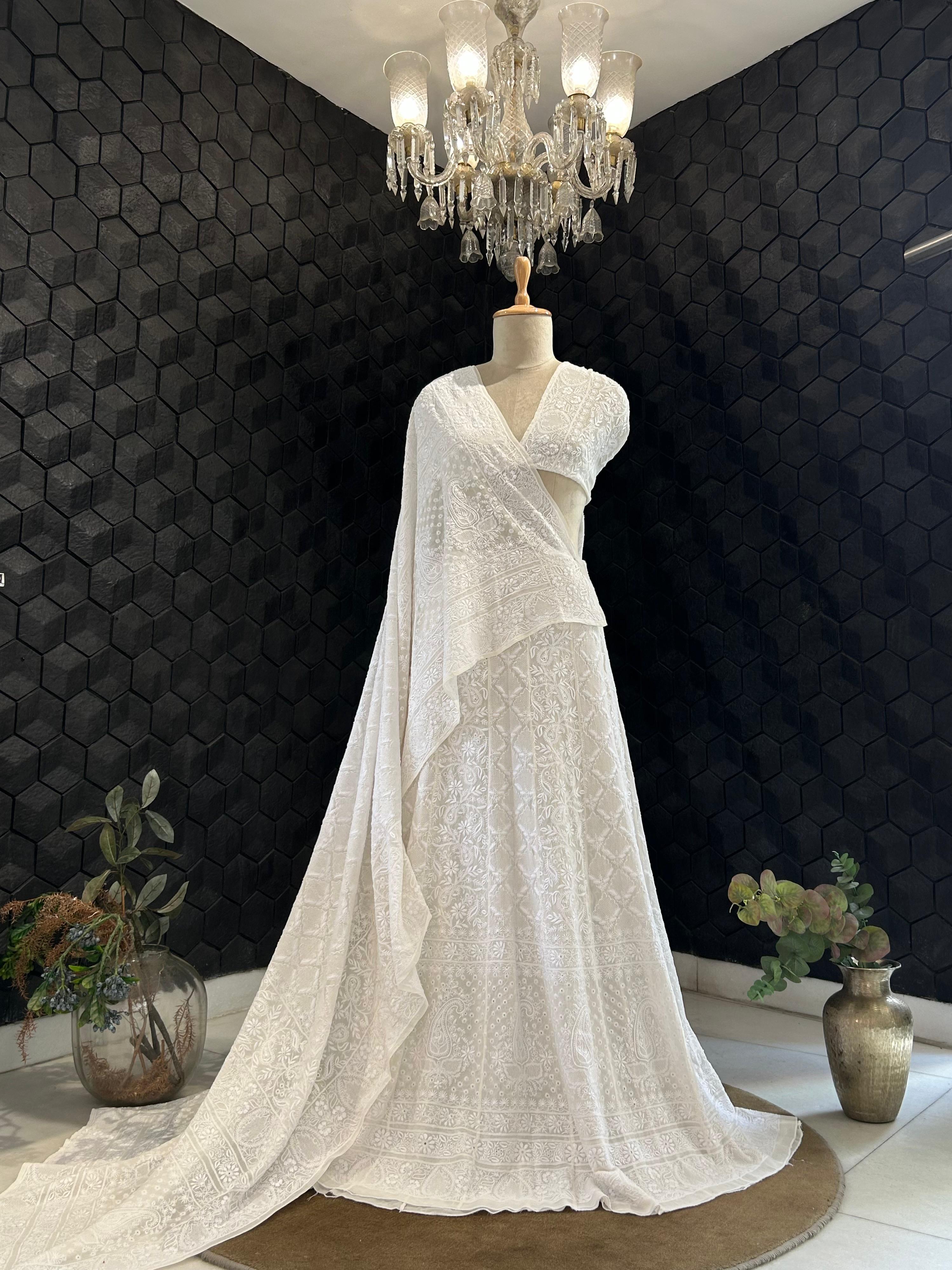 White Georgette ek - taar chikankari lehenga set