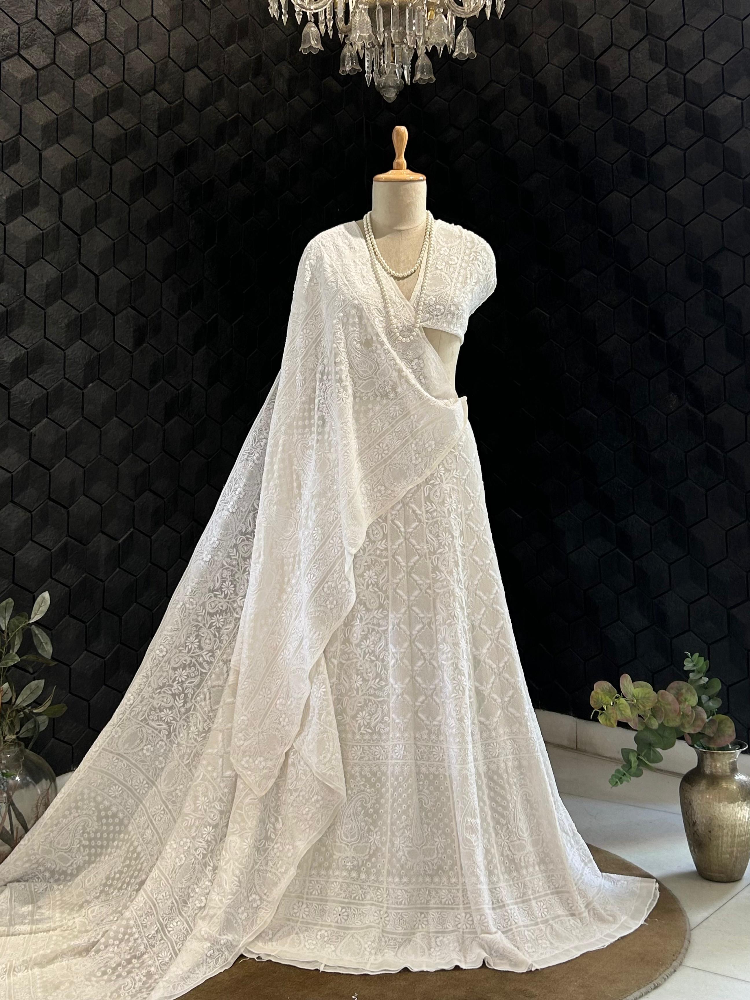 White Georgette ek - taar chikankari lehenga set