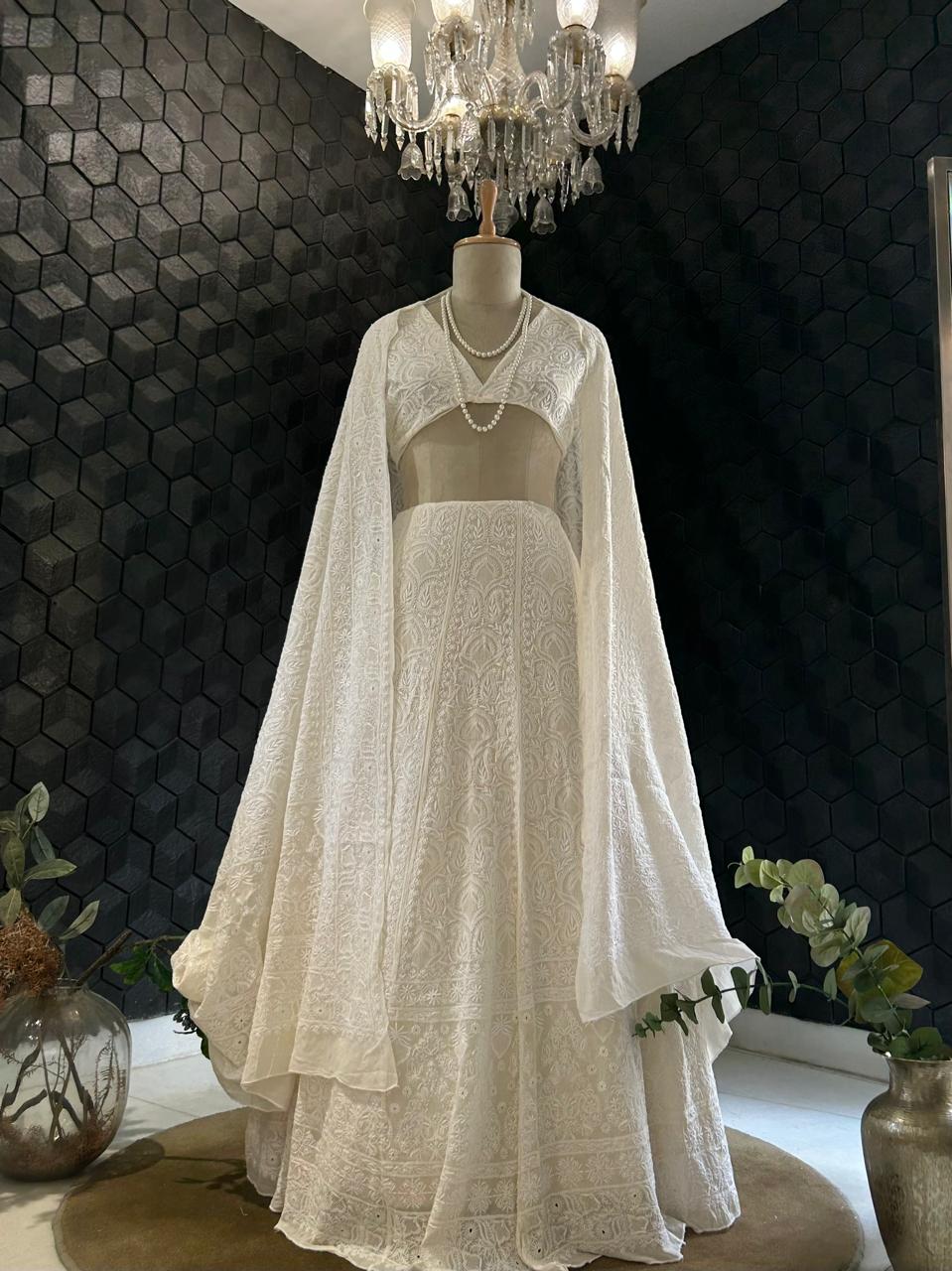 White georgette ek-taar chikankari lehenga set