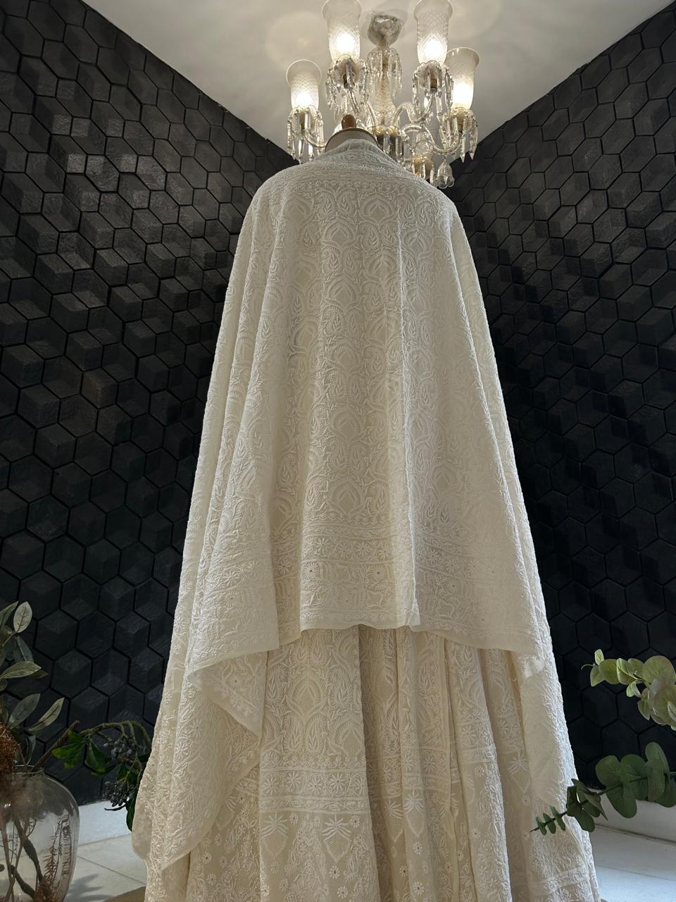 White georgette ek-taar chikankari lehenga set