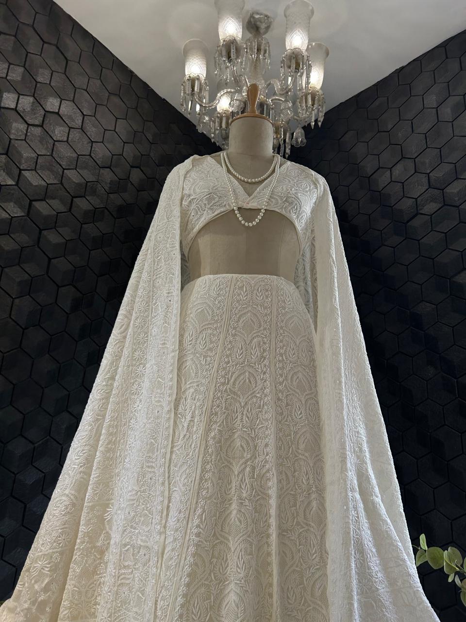 White georgette ek-taar chikankari lehenga set