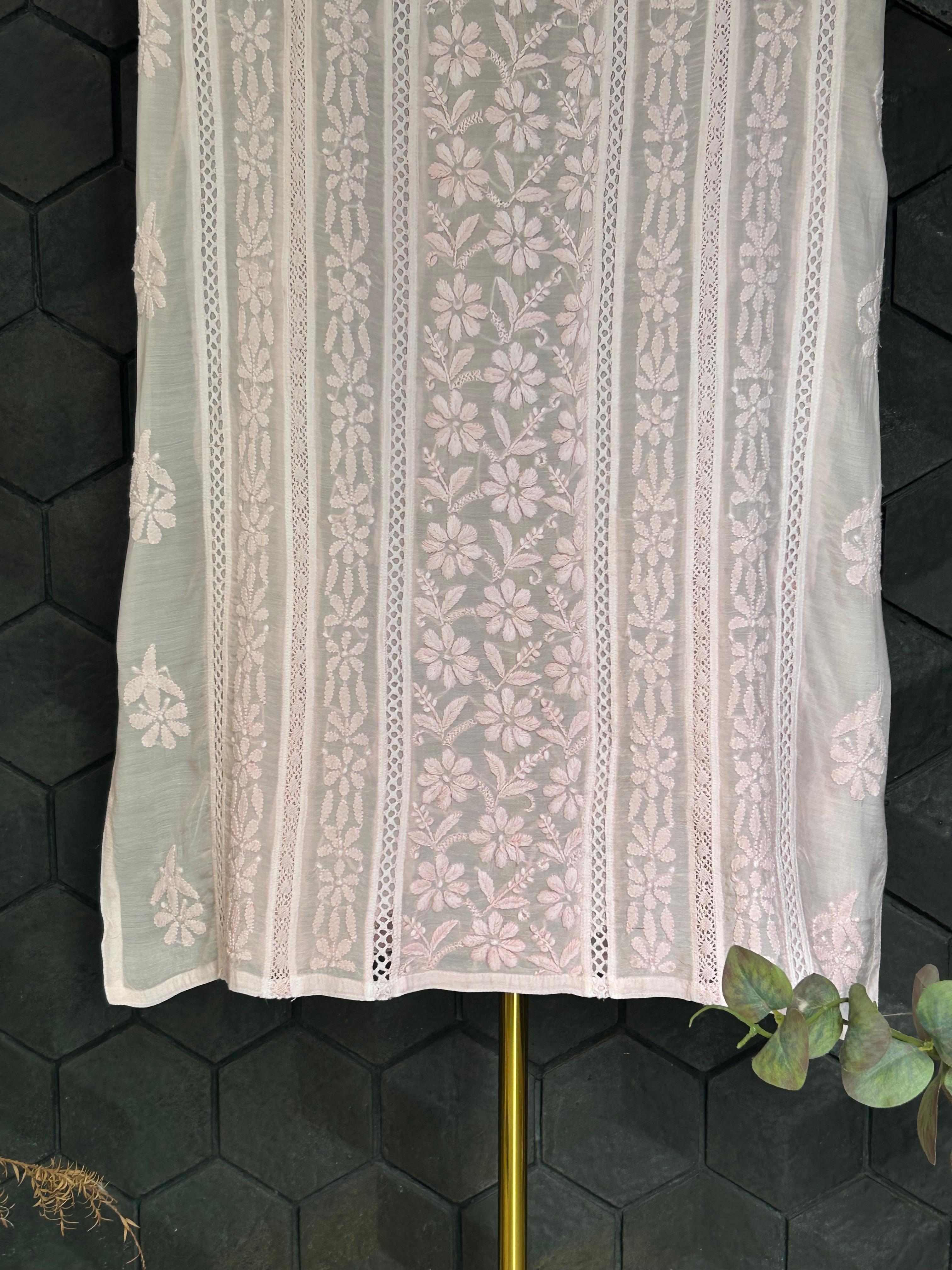 Pink mul chanderi chikankari kurti