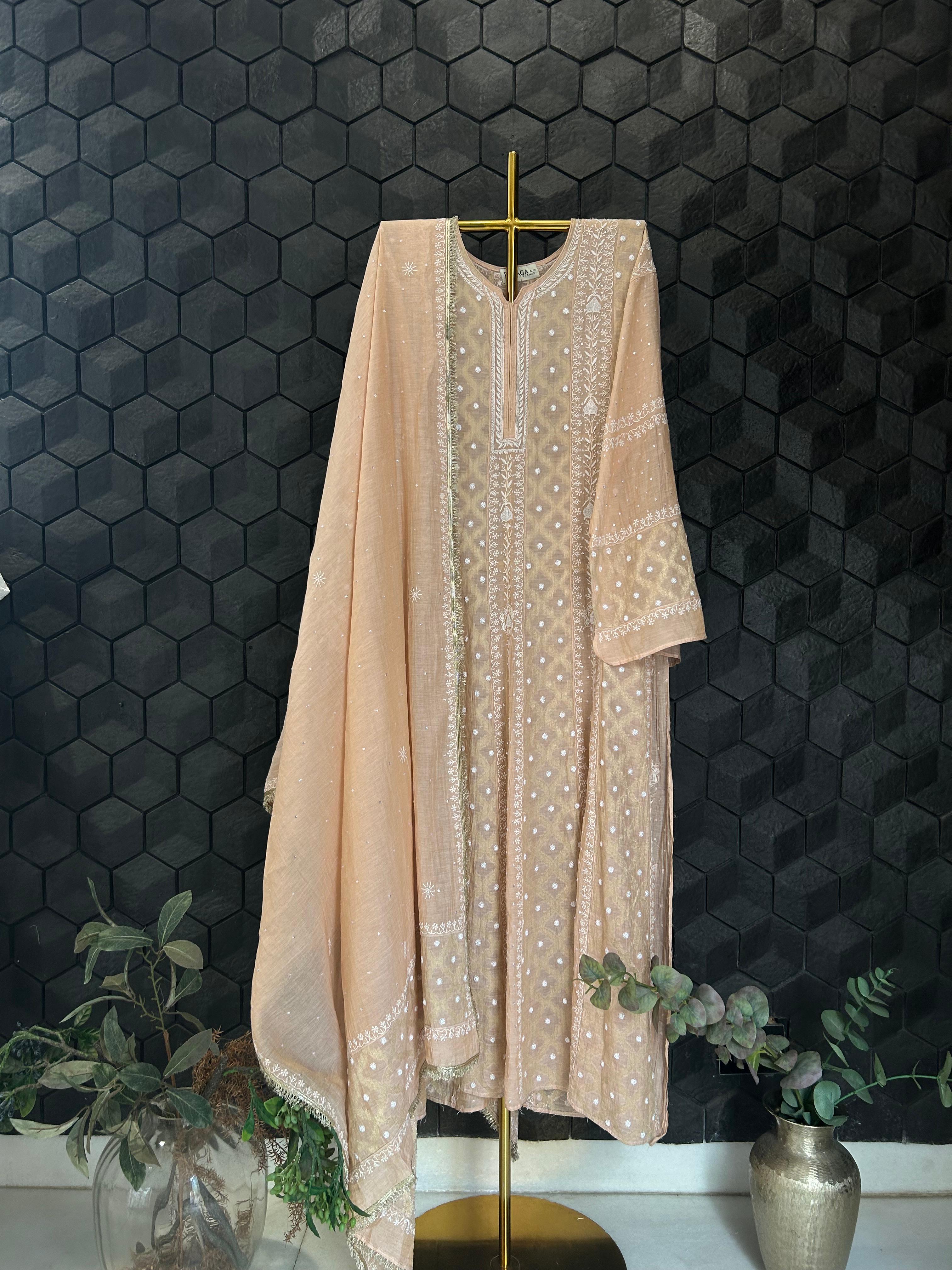Peach tissue chikankari anarkali set