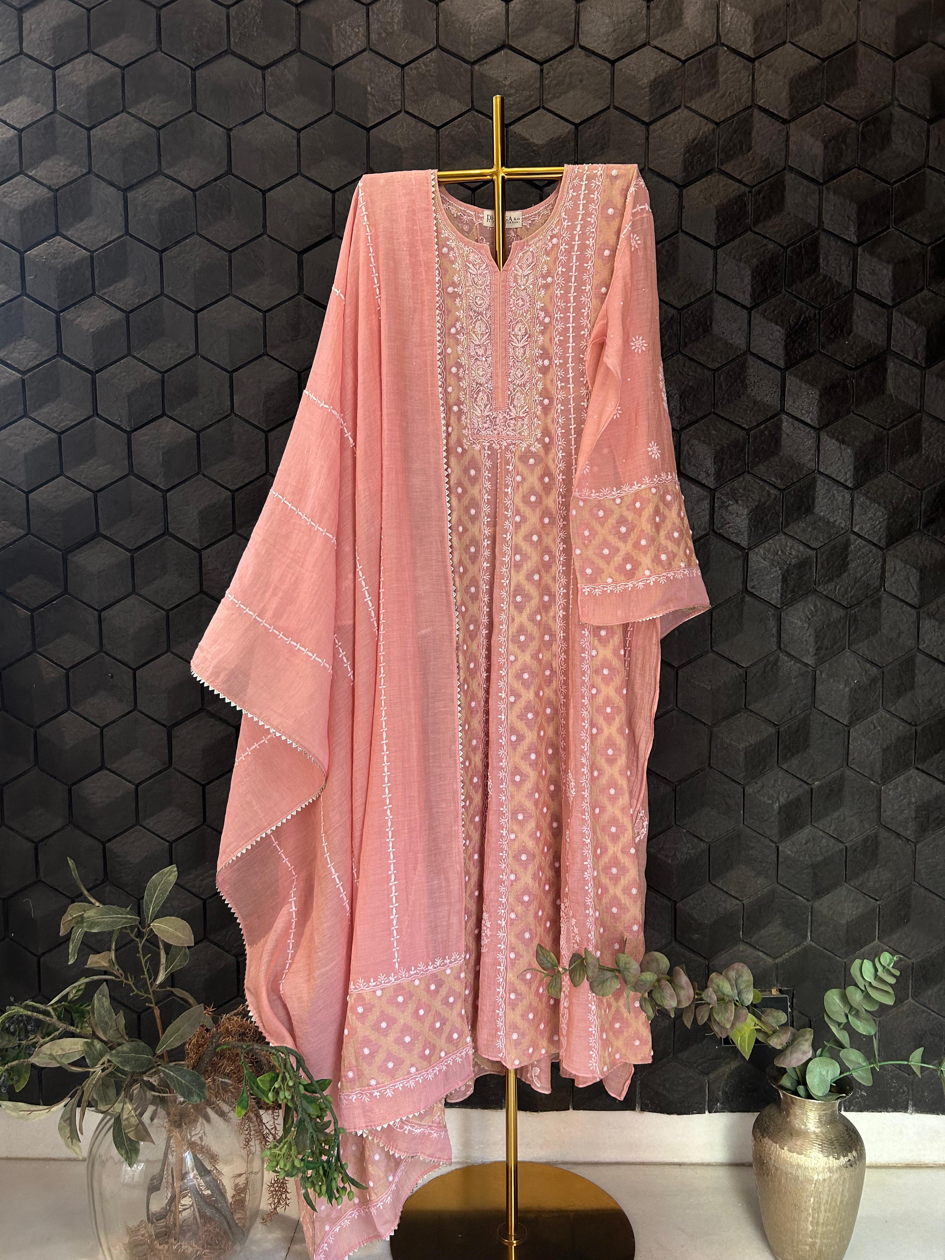 Pink tissue chikankari anarkali set