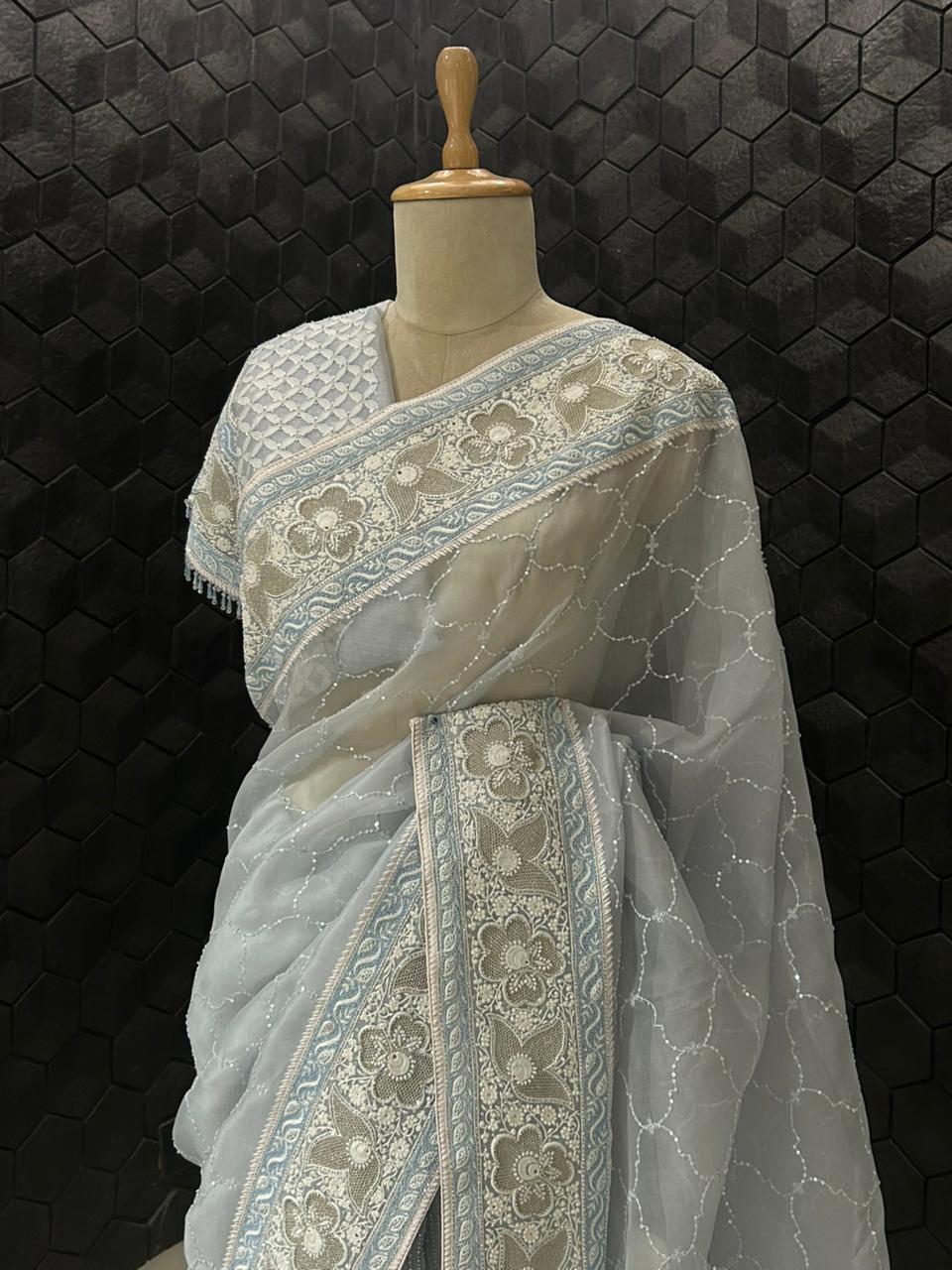 Blue Organza Chikankari saree