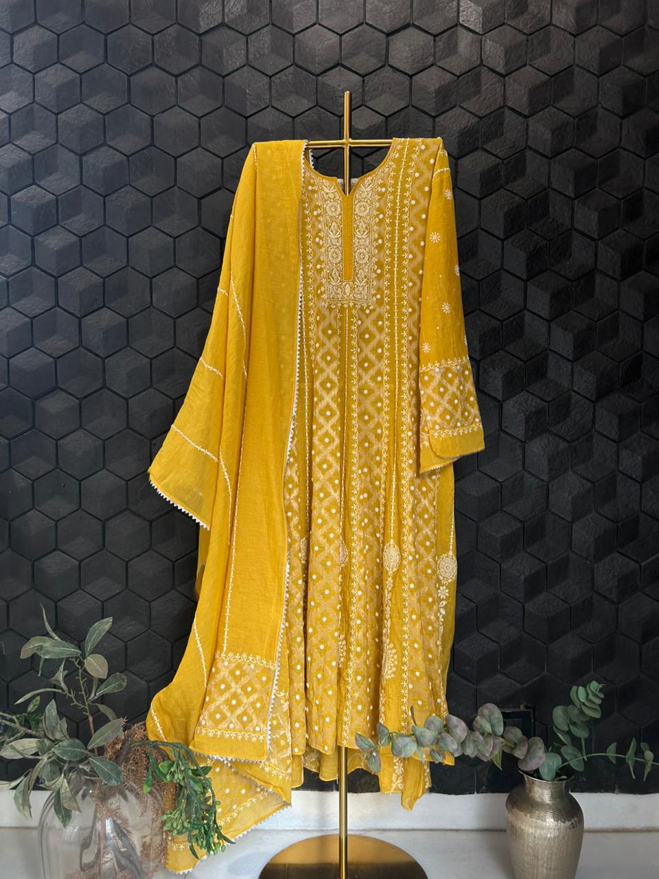 Mustard tissue chikankari anarkali set
