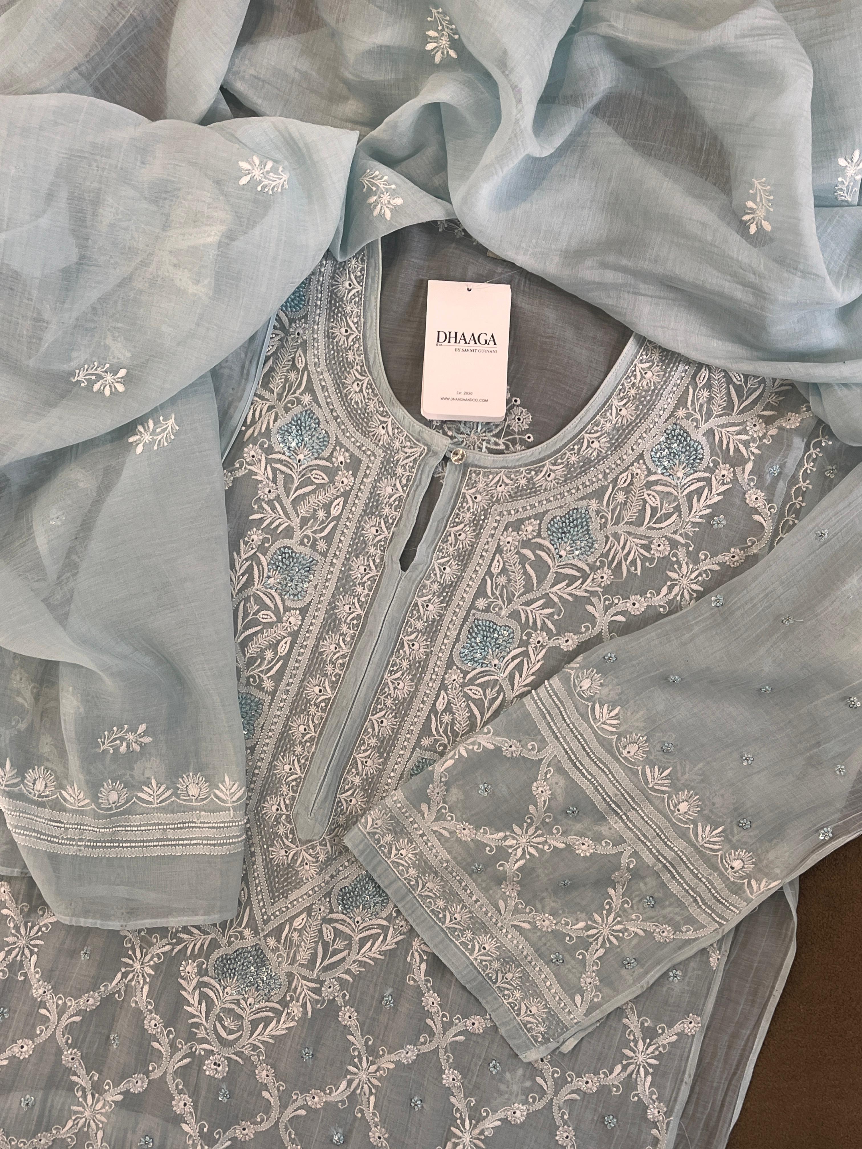 Blue Mul Chanderi Chikankari Kurta Set