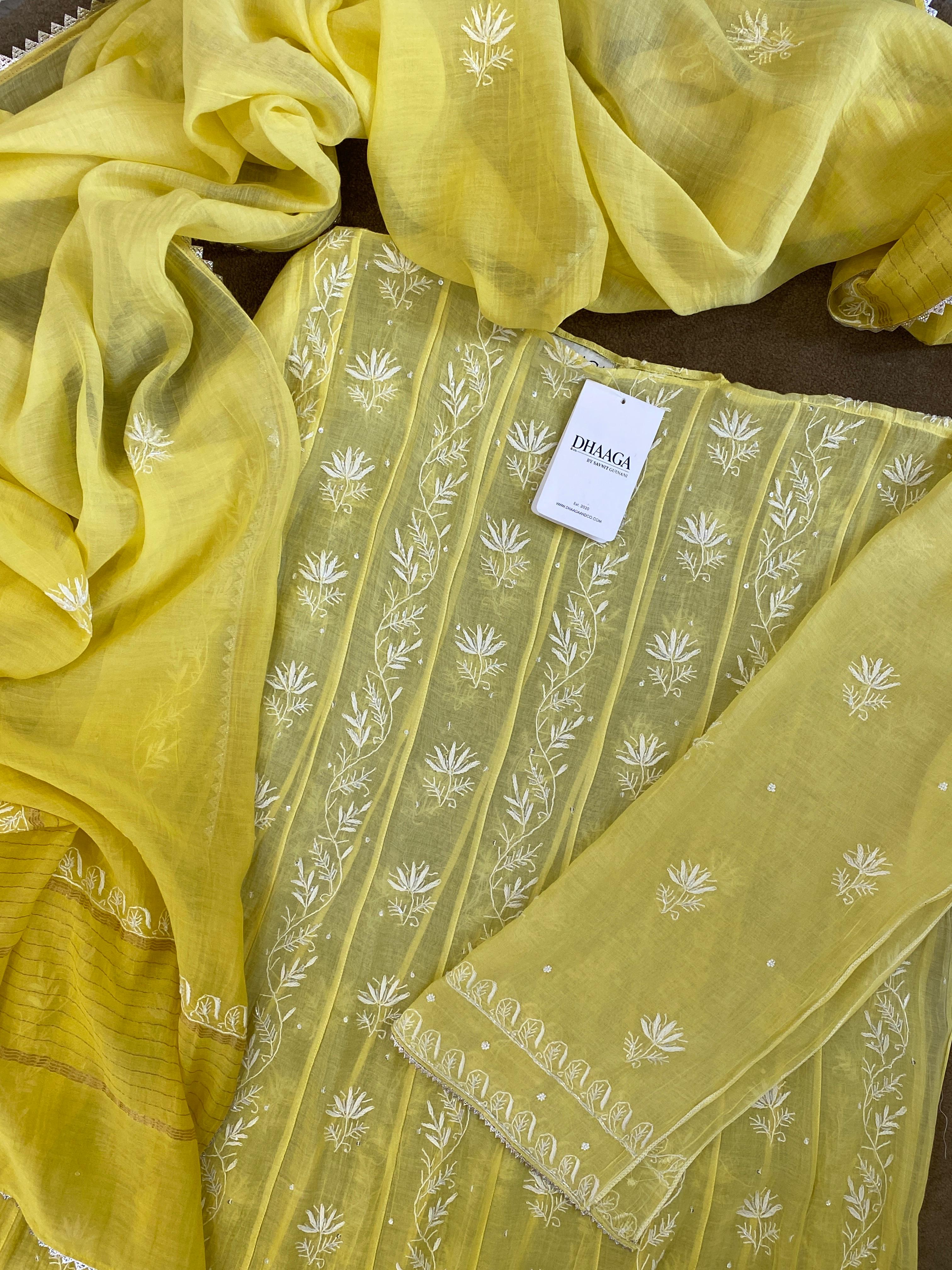 Yellow Mul Chanderi Chikankari Anarkali Set