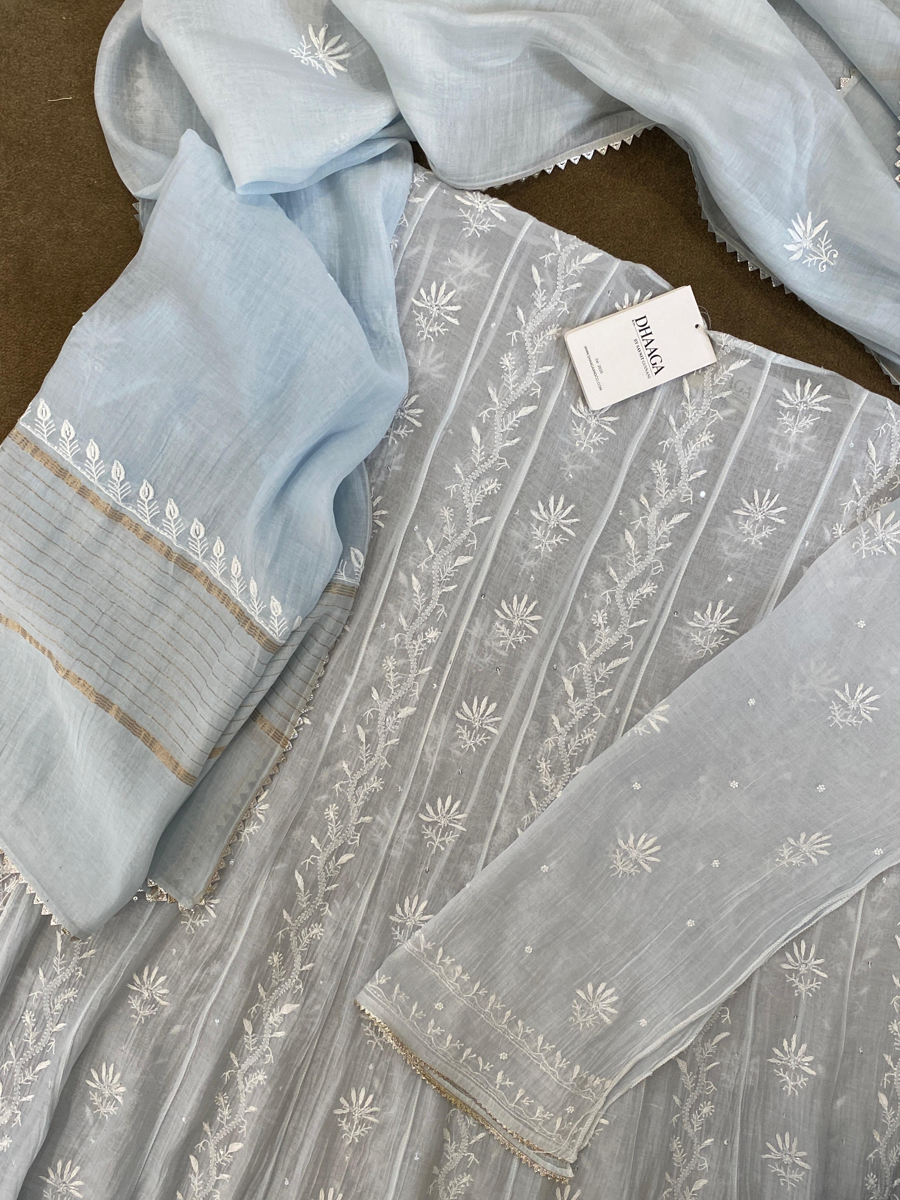 Blue Mul Chanderi Chikankari Anarkali Set