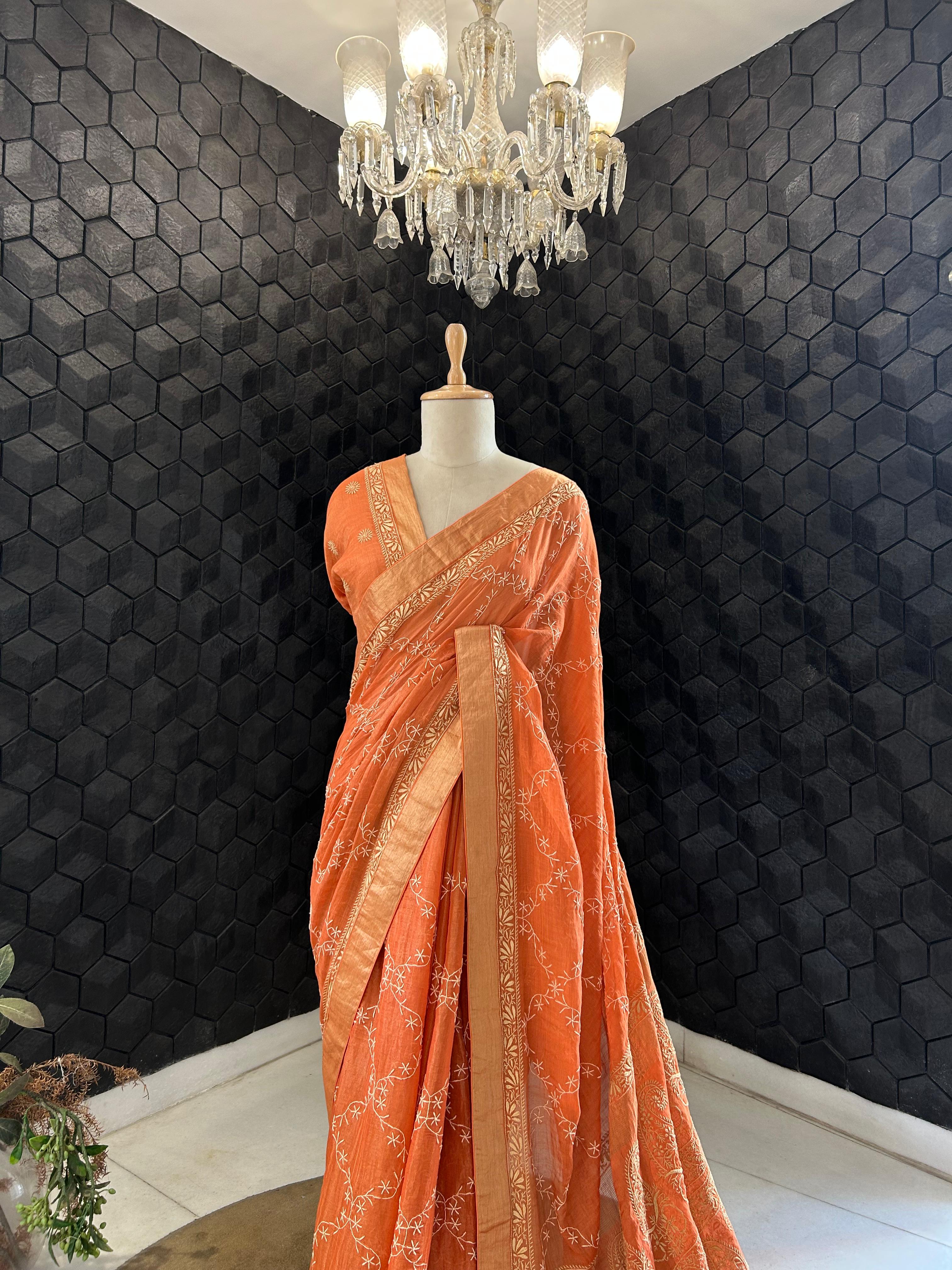 Rust orange tissue chikankari saree