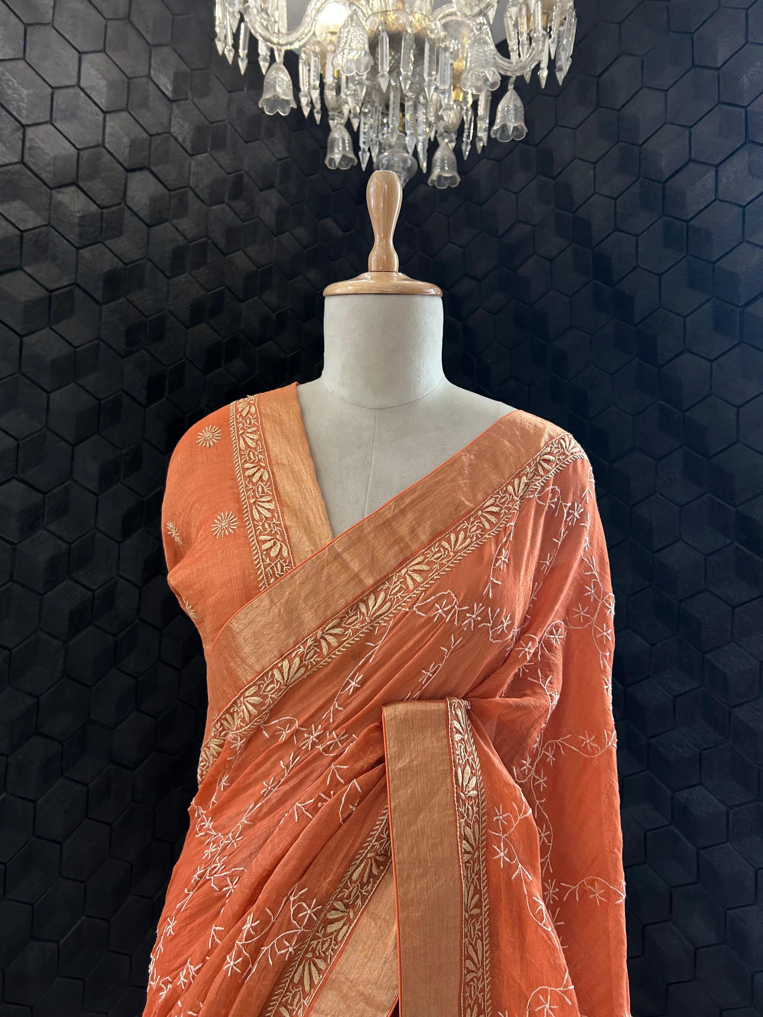 Rust orange tissue chikankari saree