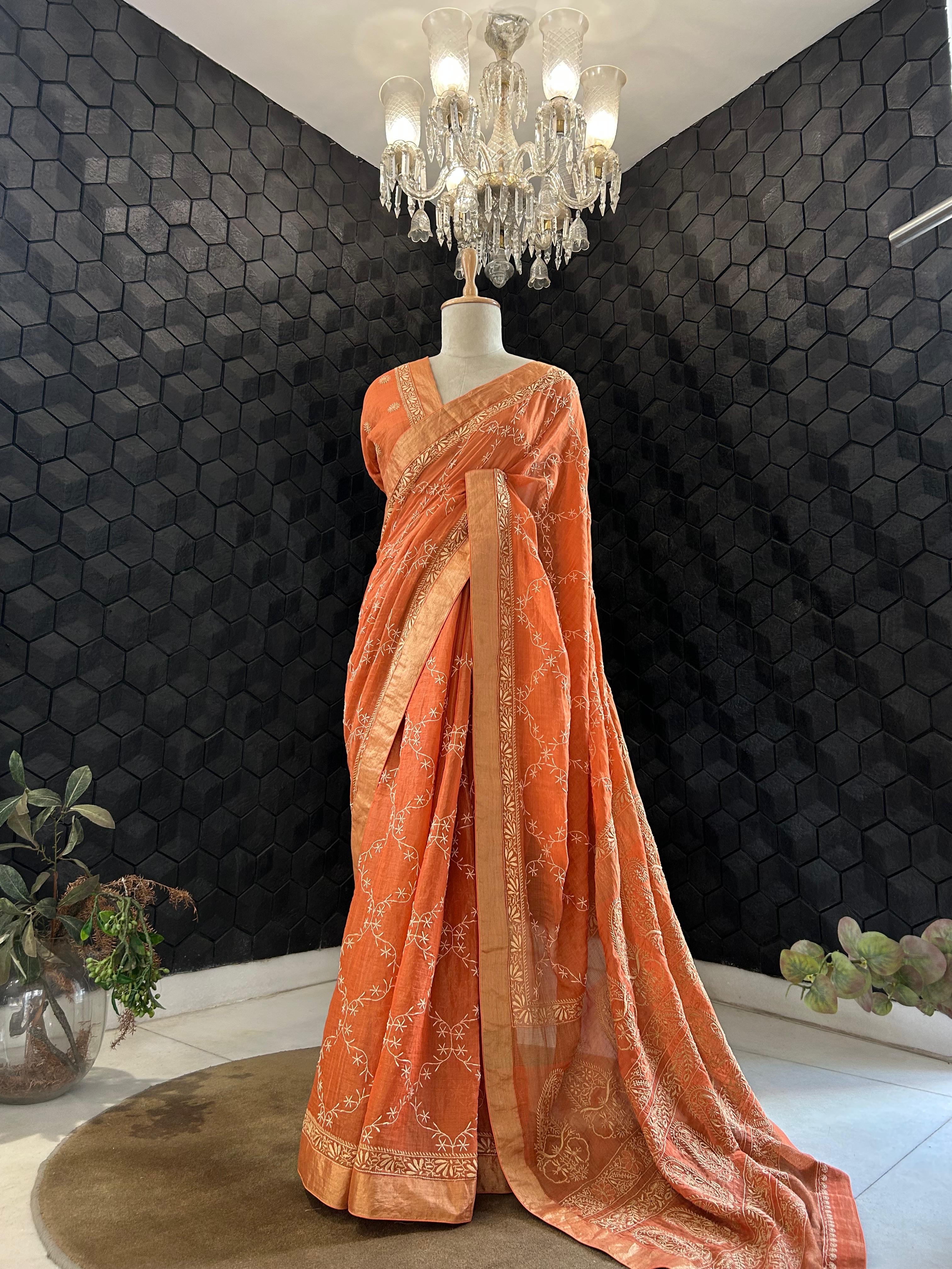 Rust orange tissue chikankari saree