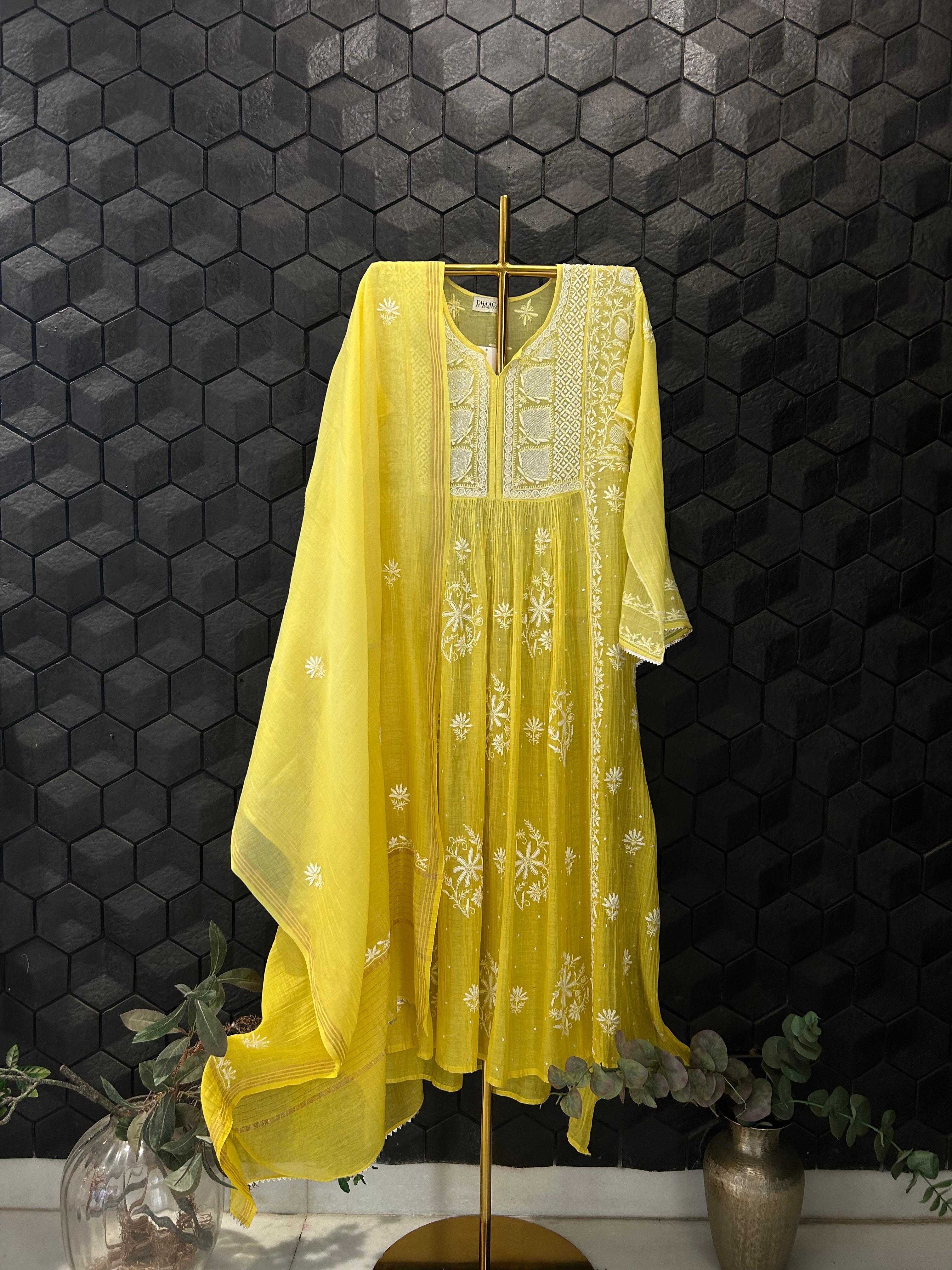 yellow mul chanderi chikankari kurta set