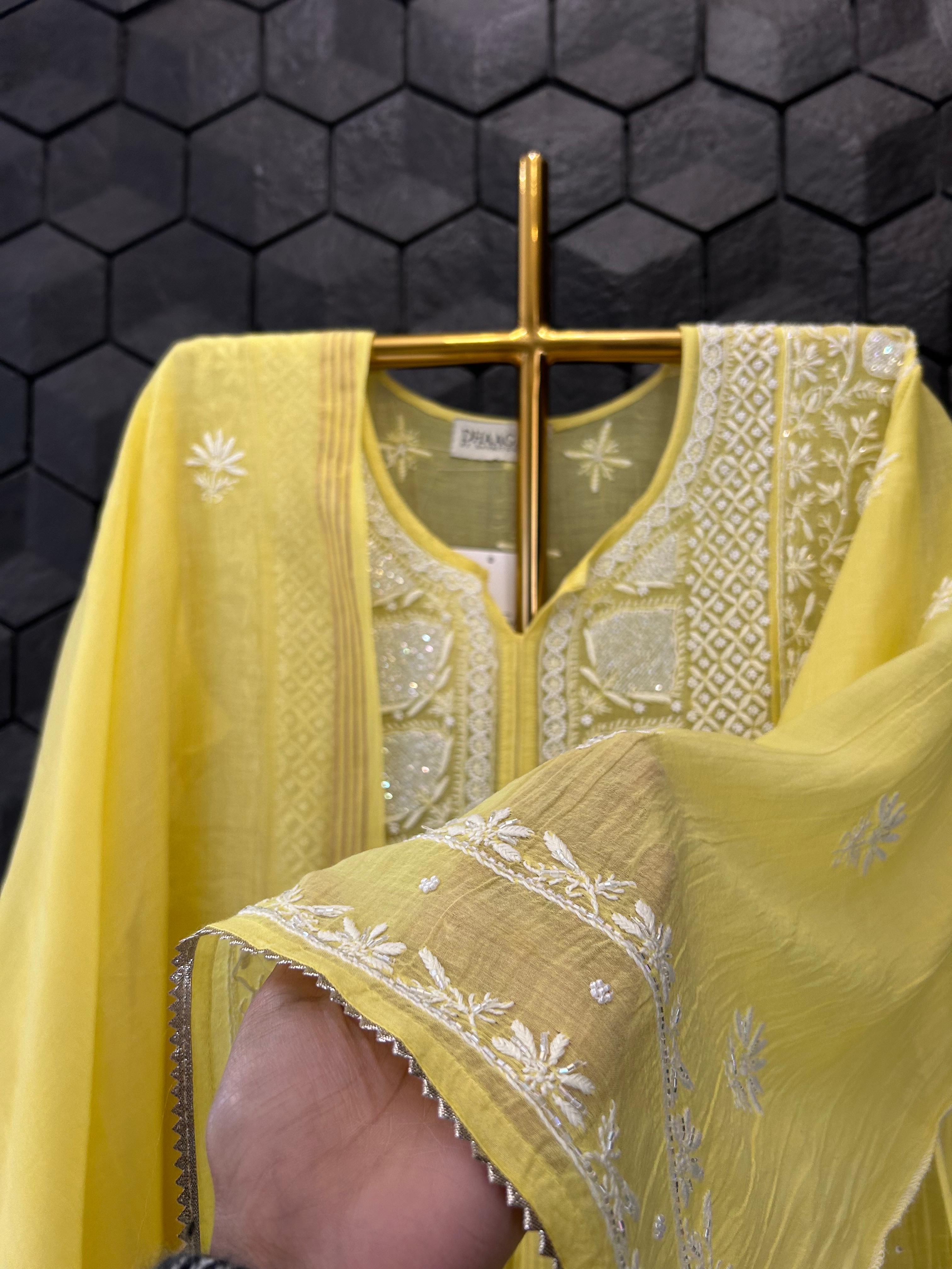 yellow mul chanderi chikankari kurta set