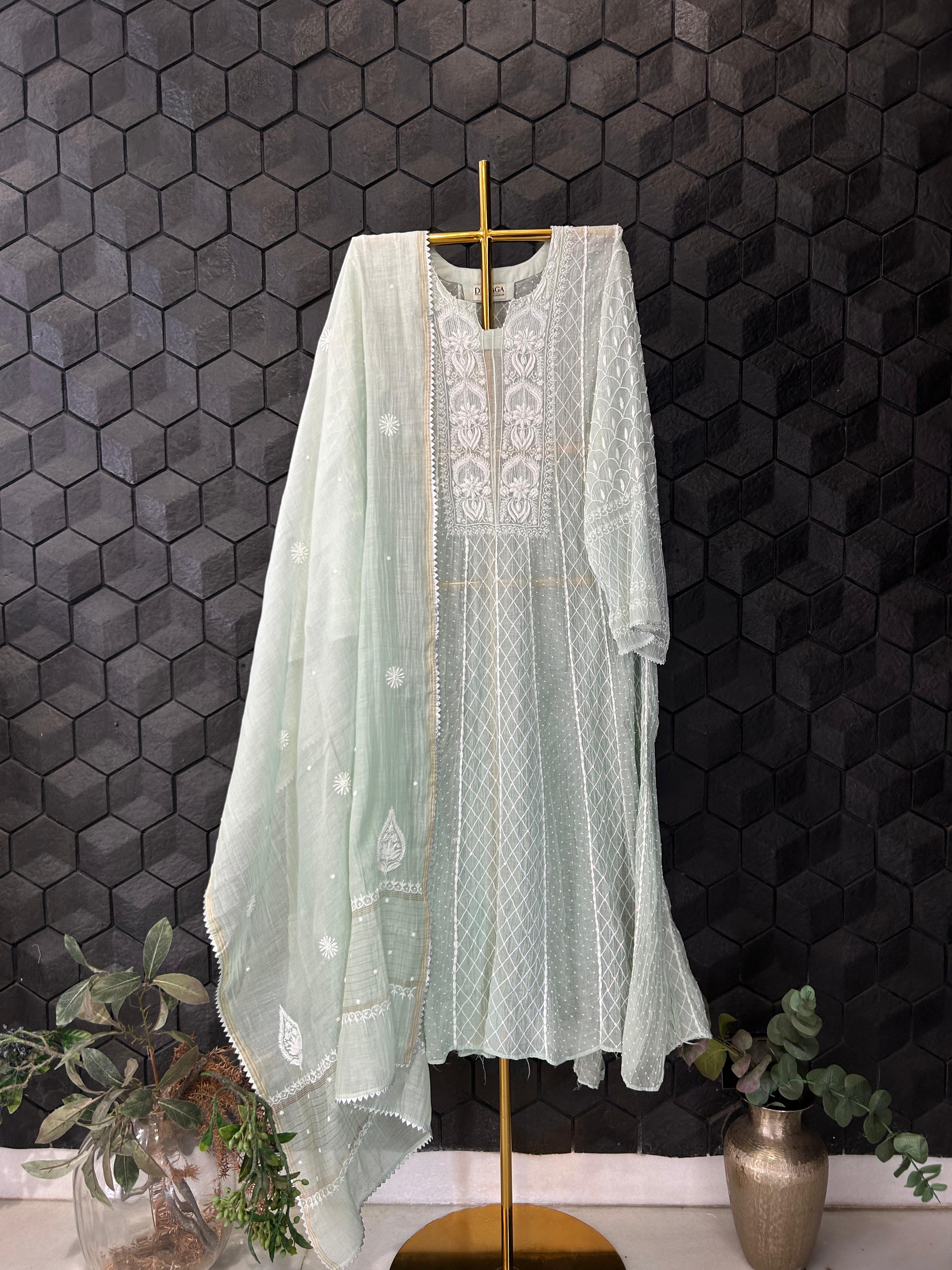 Sea Green mul chanderi chikankari anarkali set