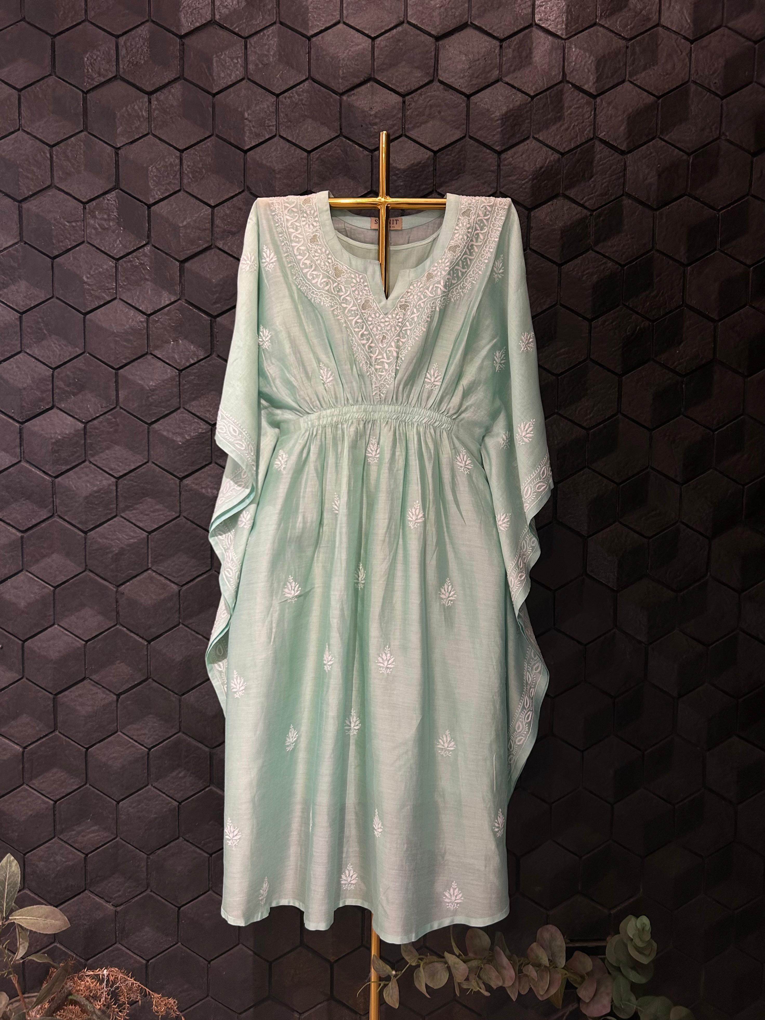 Green chanderi chikankari kaftan