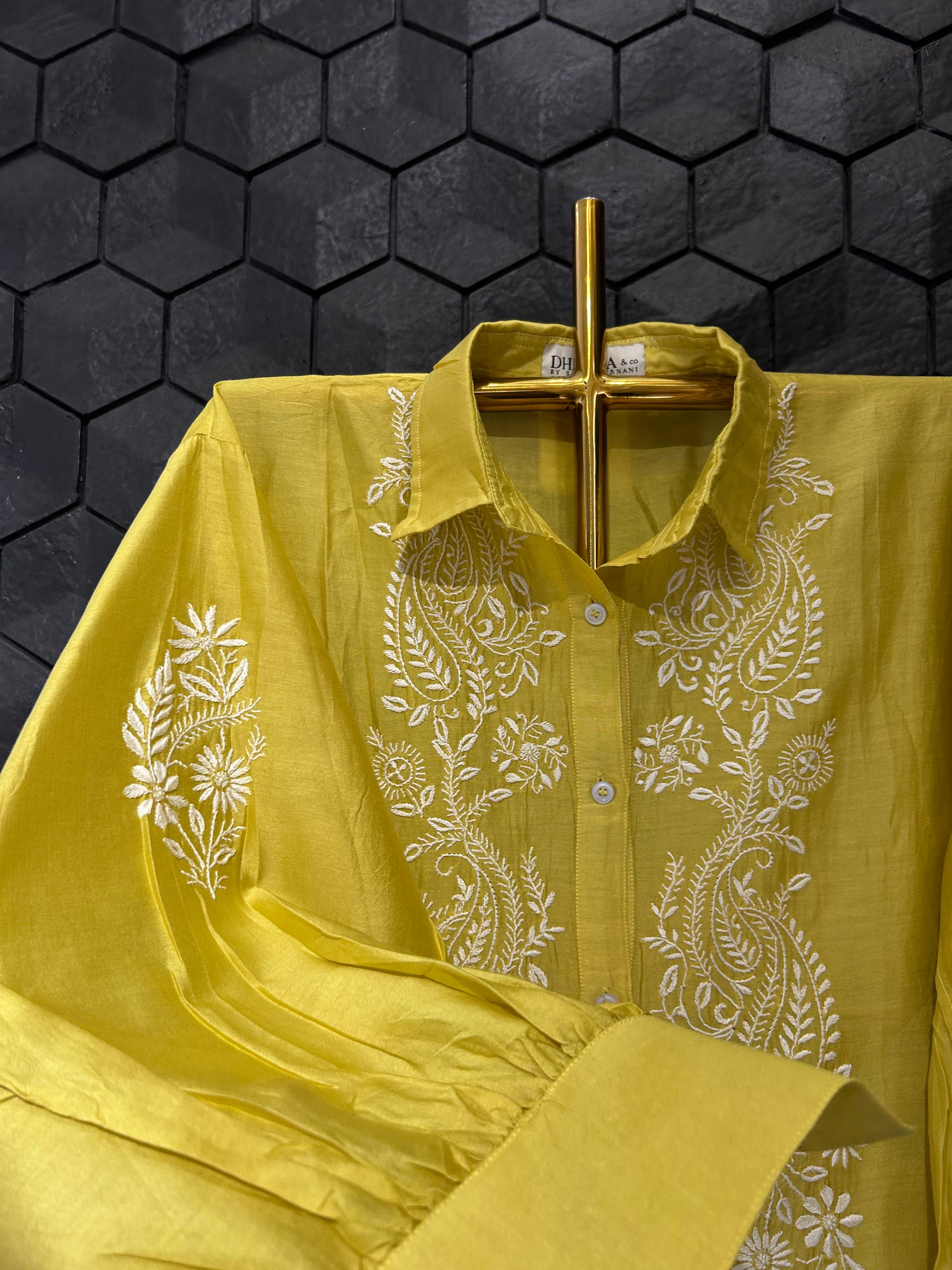 Lime Green chanderi chikankari co-ord set