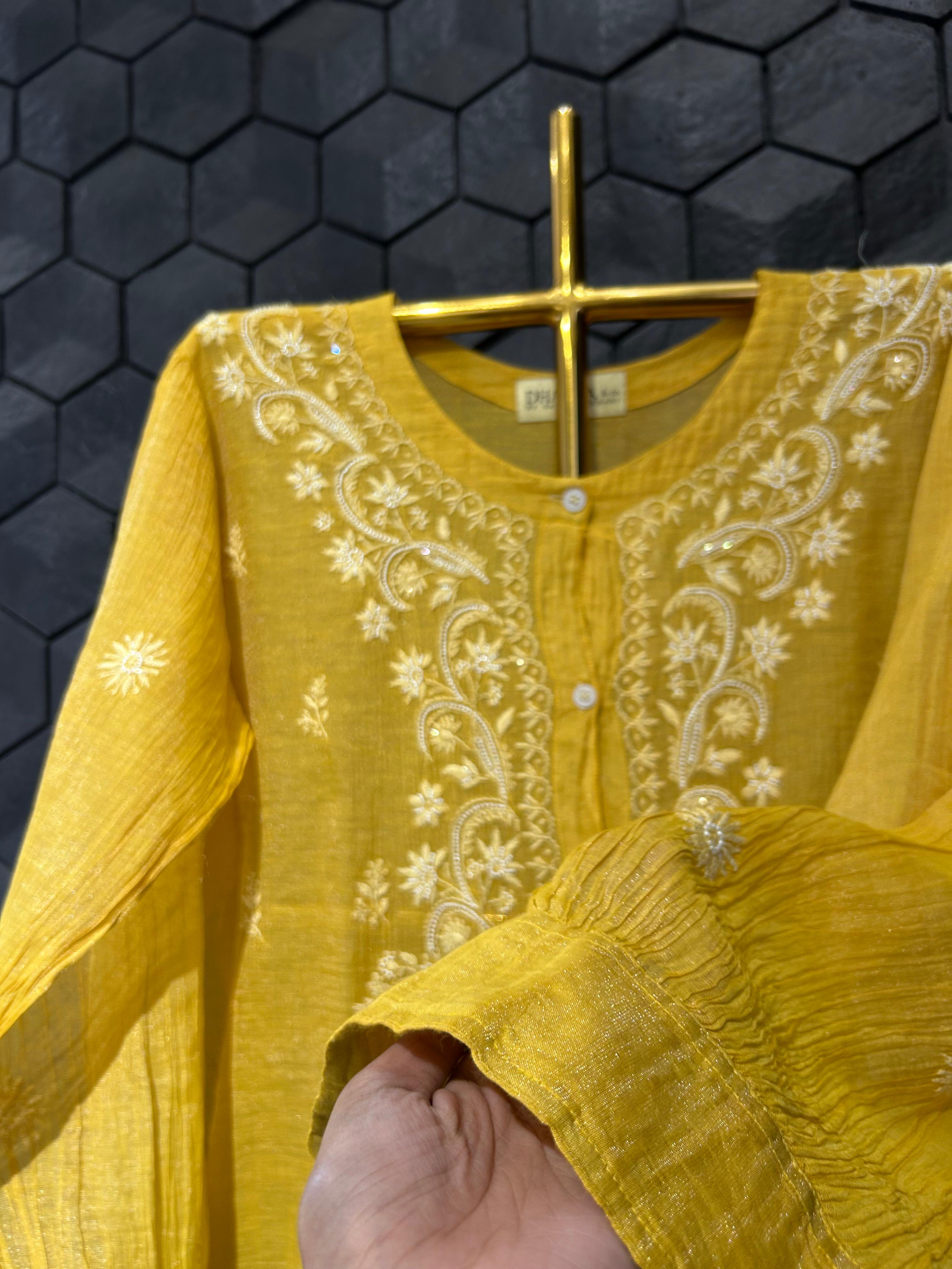 Mustard tissue chikankari co-ord set