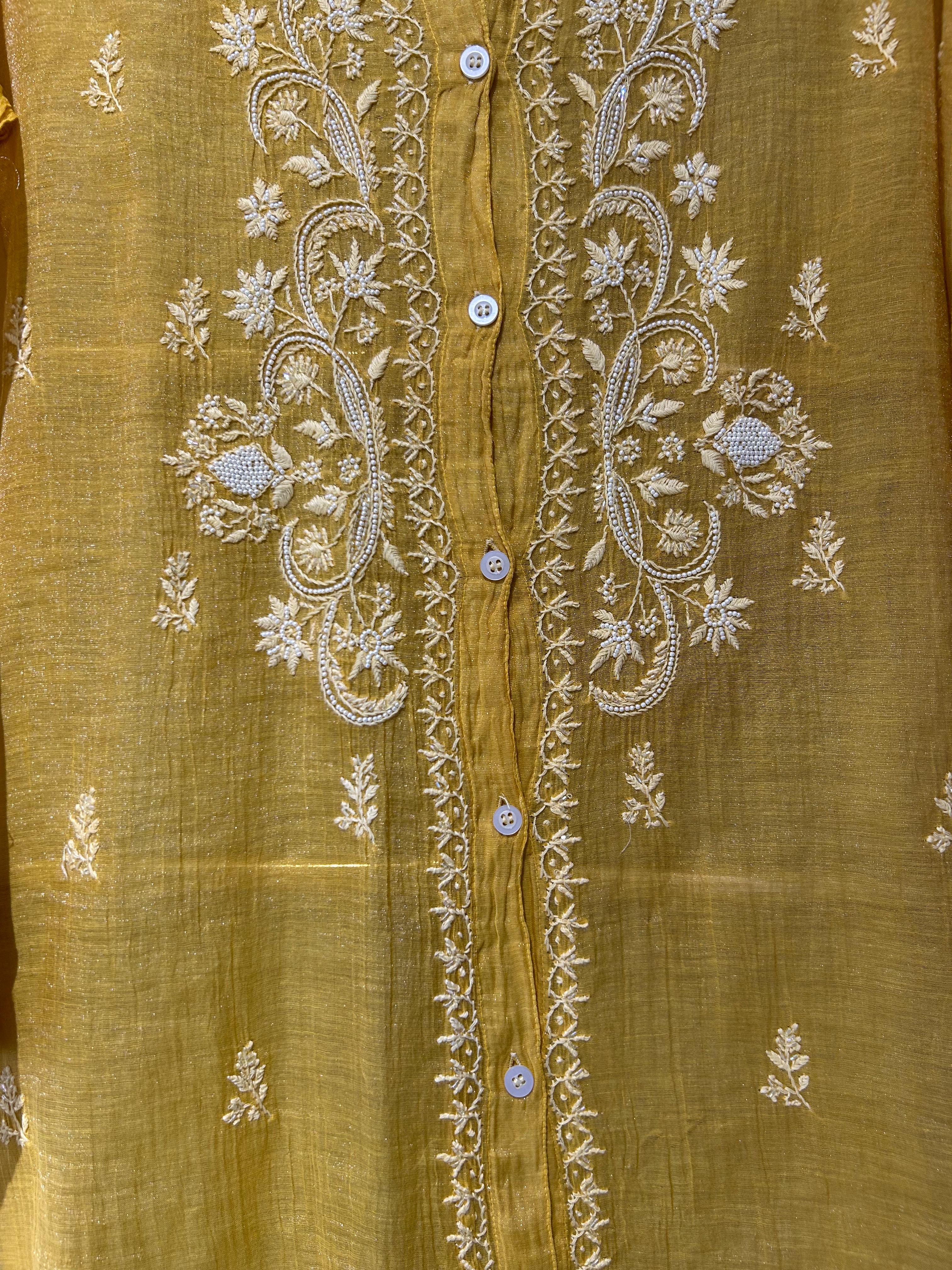 Mustard tissue chikankari co-ord set